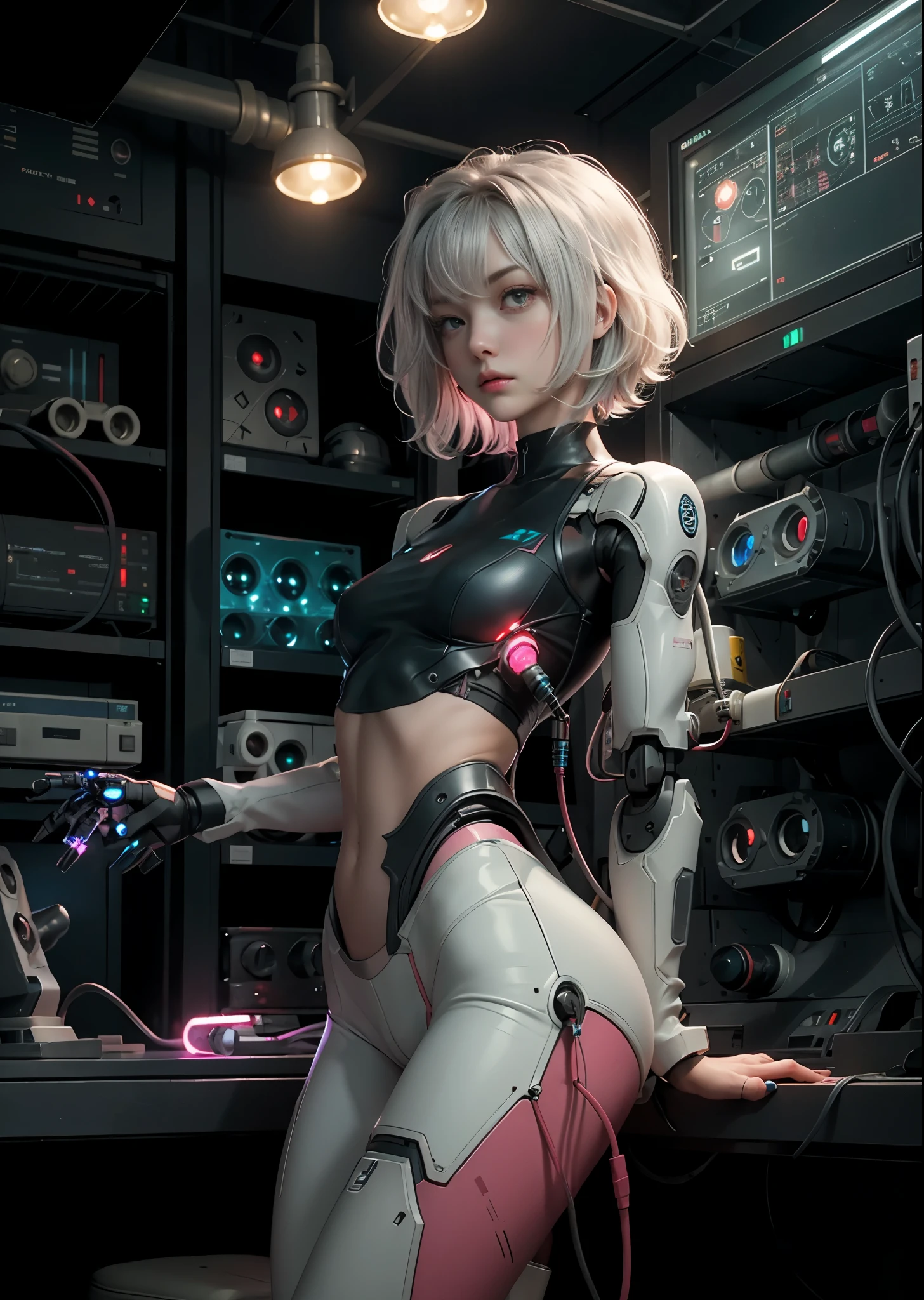 Girl with a powerful robot body、（2 girls:1.5）、two people facing each other、Futuristic ray gun in hand、18-year-old、Pink and blue body、（Silver、Gold Short Hair:1.5）、The main body consists of a small control motor., cylinder and pipe、Sleek chest cables and tubes connect the main body to the control panel。、Cinema Lighting、Many pilot lights are on、（The entire area is occupied by a control panel:1.3）、