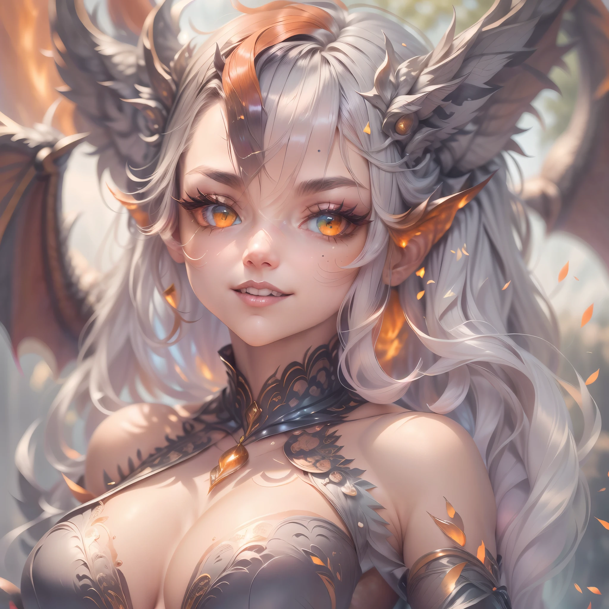 (best quality,4k,8k,highres,masterpiece:1.2, portrait), ultra-detailed, realistic, naked sexy dragon woman with glittering silver scales, skin is glittering silver scales, medium length fiery orange hair with black highlights, very playful but mischievous smile, huge tits, gigantic breasts, naked, nude, detailed crotch, detailed vulva, sexy pose, spread legs, playful, bi-coloured eyes, heterochromia, lustful