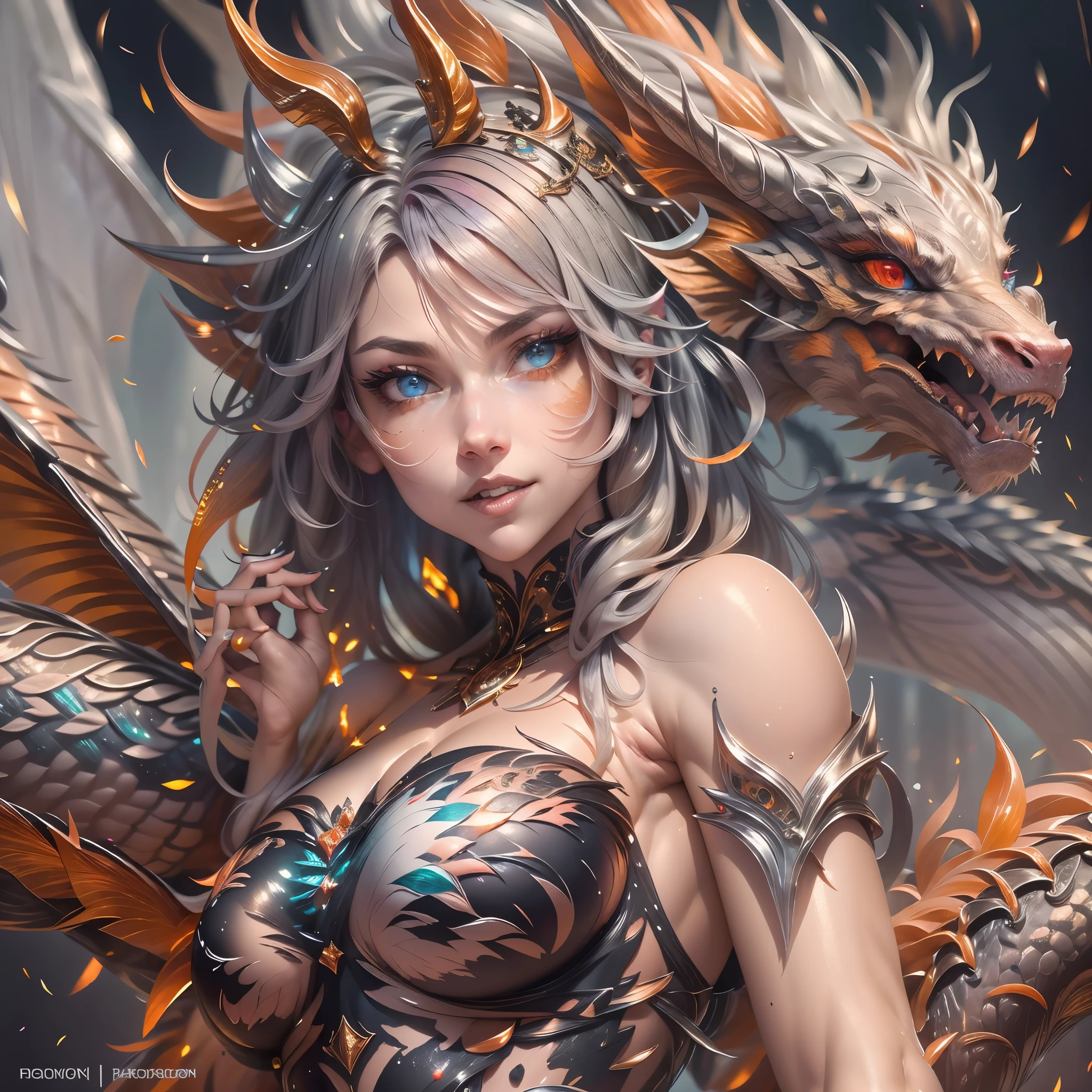 (best quality,4k,8k,highres,masterpiece:1.2, portrait), ultra-detailed, realistic, naked sexy dragon woman with glittering silver scales, skin is glittering silver scales, medium length fiery orange hair with black highlights, very playful but mischievous smile, huge tits, gigantic breasts, naked, nude, detailed crotch, detailed vulva, sexy pose, spread legs, playful, bi-coloured eyes, heterochromia, lustful