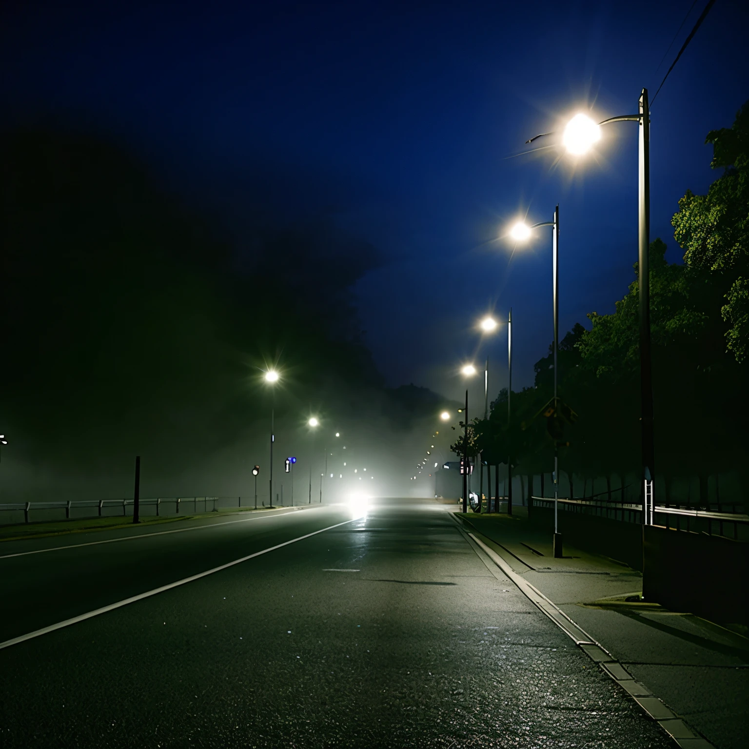 Residential area late at night、pavement、Street lamp、The front illuminated by the headlights、(Night fog)、(I can&#39;t see ahead because of the thick fog)、Visibility ahead: 10 meters、(A figure obscured by fog)、