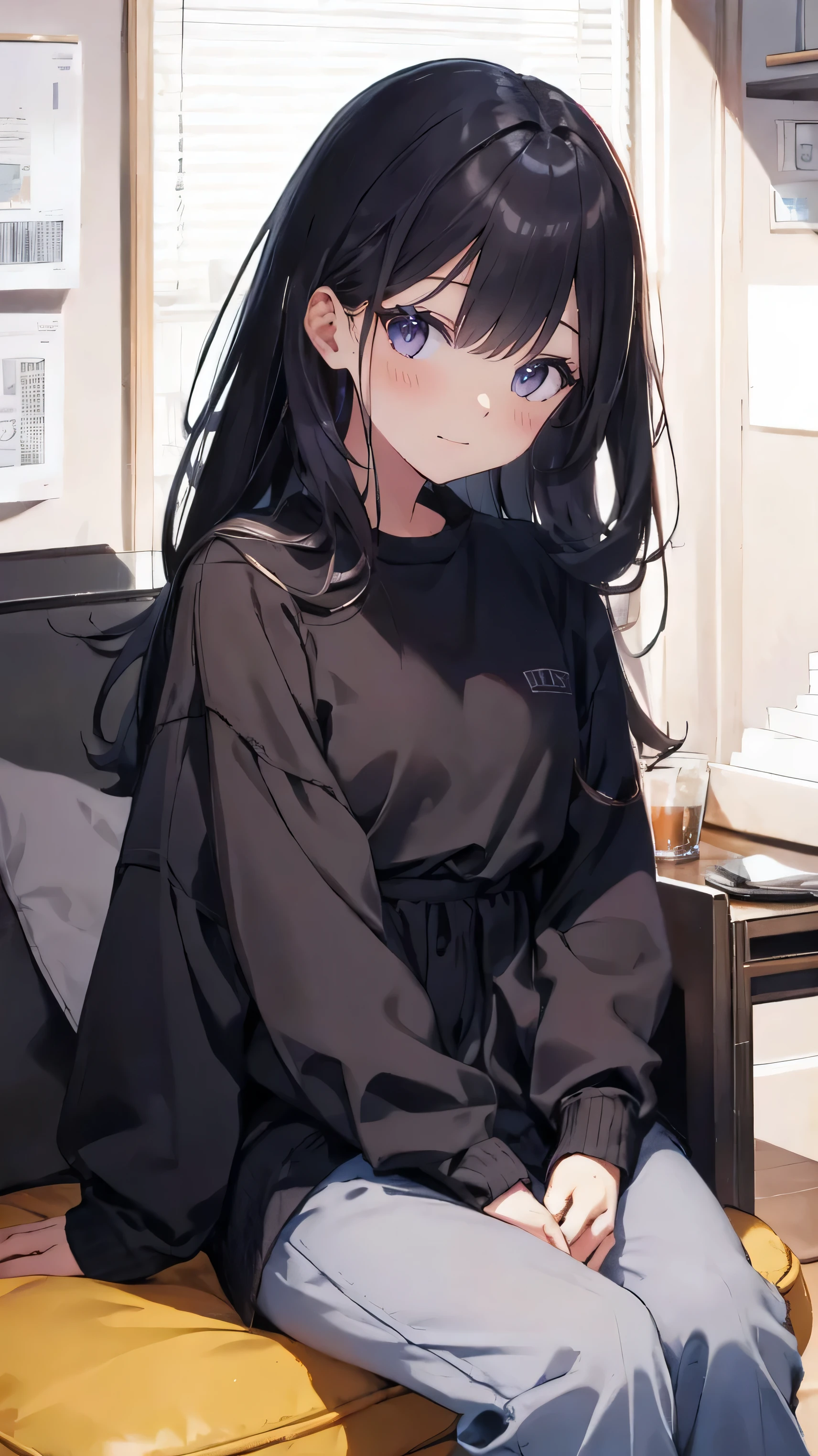 Masterpiece、Highest quality、highest quality、Black Hair、 ((smile))、Shiny hair quality、Small face、Girl、Sitting、Super detailed, beautiful, wide eyes、Ultra-detailed, clear and beautiful faces、(cute illustration:1.2), High-resolution, ultra-detailed, best quality, embarrassed