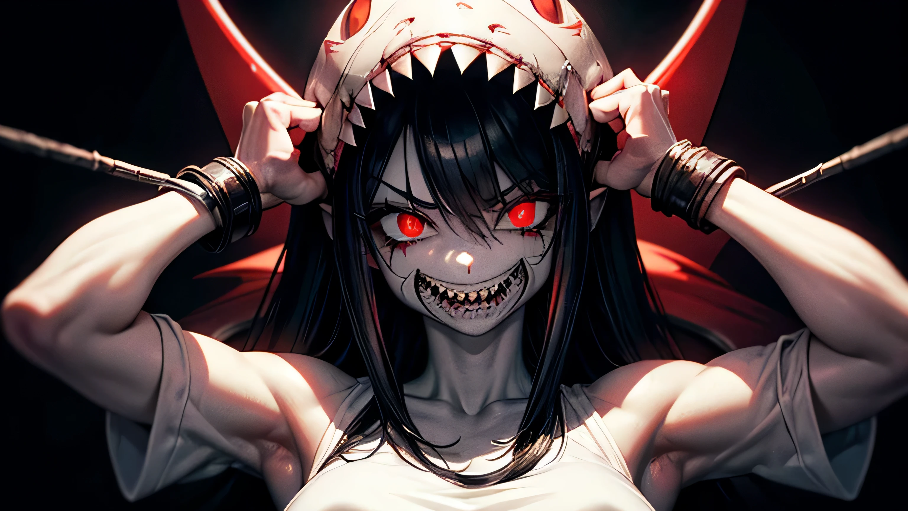 Solo. Creepy, terrifying muscularly lean girl with short messy curly black hair, big breasts, defined muscular thighs, a sharp jawline, crazy red eyes, metal wires joining his seperated upper jaw and lower jaw, Jeff the killer's mouth, muscular forearms, sharp shark-like teeth for teeth, pale white skin, red eyes on her body, wearing only a big white T-shirt, eating a lung, in a black background. Cannibalistic. Floating red eyeballs. Horror. Her name is Cannaria, . Blood, smiling. Stitches
