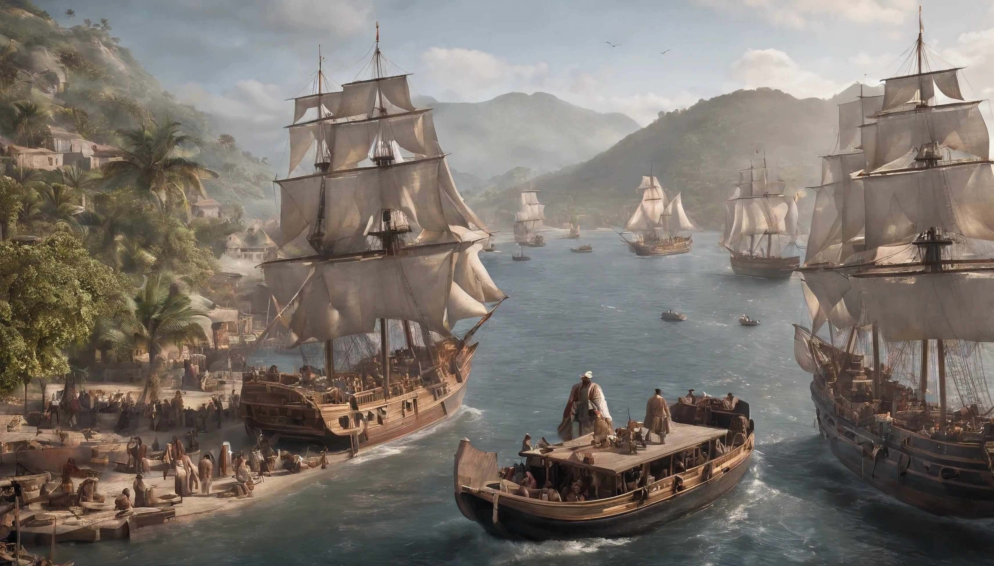 Illustrate a busy port during the peak of the colonial era. This panoramic view features a port teeming with activity as goods are loaded and unloaded from tall ships. The diverse array of goods- spices, textiles, and precious metals- reflects the global trade networks established during the colonization period. People of various ethnicities interact in the marketplace, depicting the cultural exchanges and economic exploitation that came with colonialism,A breathtaking, cinematic 8k Illustration.