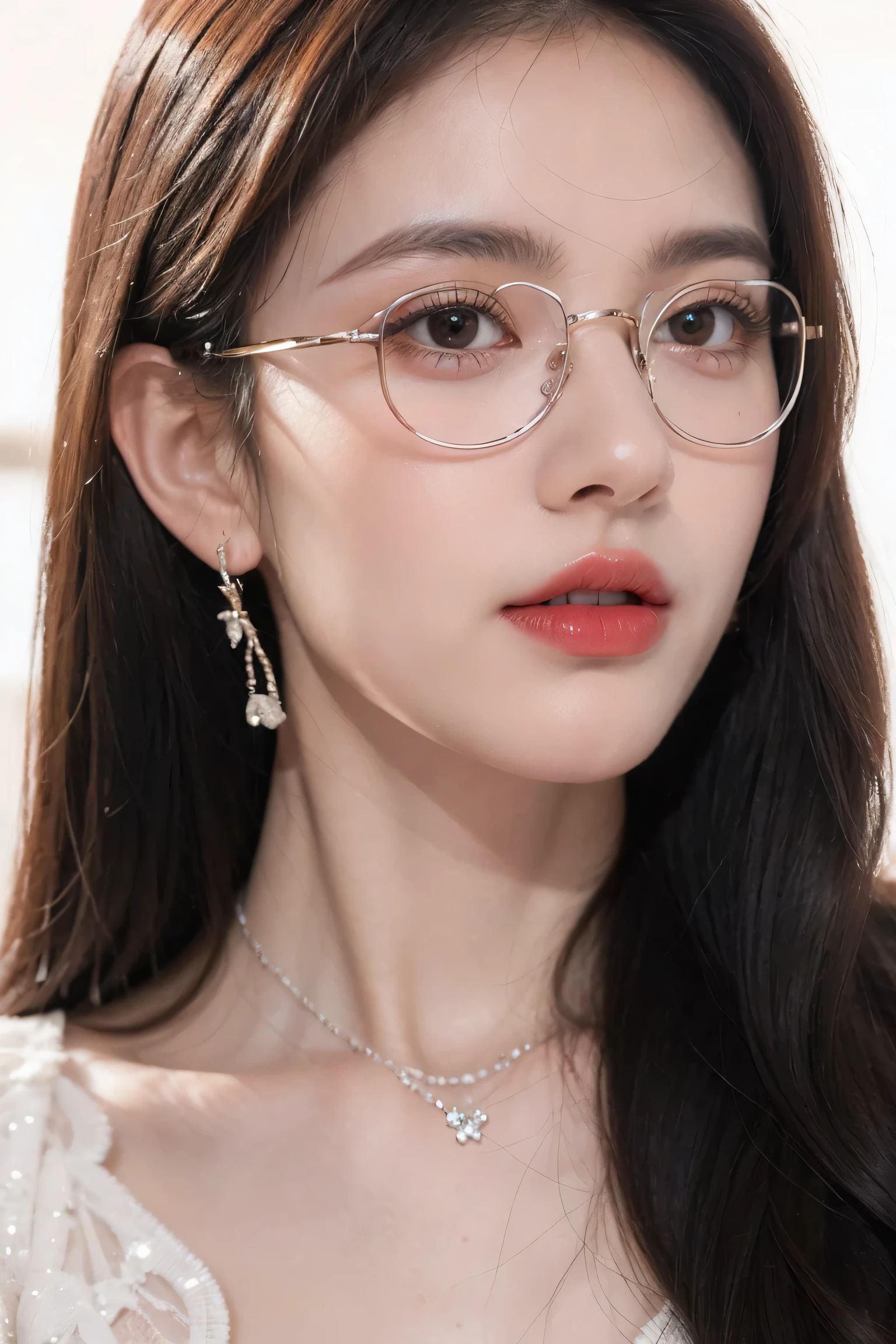 Top CG, Highest image quality, masterpiece, Gentle beautiful girl, (185cm美女), (fit), Imperial sister, Queen temperament, White skin, ((Long legs)), perfect facial features, Bright Eyes, Seductive pose, Red lips, Beautiful and cold (A major breakthrough)), Beautiful and heroic, Soft and long hair, sparkling, Lace, net, Visible through clear skin, wear glasses, diamond earrings, ruby neckLace, (evening dress), 8K Image Quality, (Realistic Portraits), Characters fill the screen, (Facial lighting), ((Everlasting)