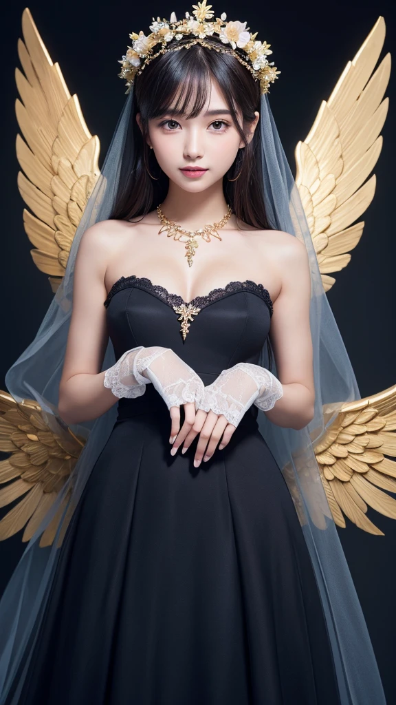 Superb Quality, Masterpiece, High Resolution, 1Girl, Blush, (Seductive Smile: 0.8), Star Pupil, brown eye, normal , perfect body shape ratio, bare face, body goals girl, ideal girl, perfect girl, she's my girlfriend、full body Esbian、perfect anatomy, detailed anatomy, A dark-haired, cute bangs, long straight dark hair, sweet smile, stunning face, good girl, hijabi girl, idol, key of visual, gorgeous face, elegant diamond necklace, perfect necklace, sweetheart, bright veil, perfect veil, elegant veil, radiant dress, long sleeved dress, full body covered by dress, a flower crown above her head((flower crown:2,4)), detailed flower crown, perfect dress, detailed dress, heavy, elegant gloves covered by gold 24 carat, front view, full body looks, a pair of angel's wings, beautiful wings, perfect wings, detailed wings, perfect camera, HD quality, high picture quality、celestial palace background, 8K UHD, DSLR, Soft Light, High Quality, Volume Lighting, High Resolution, 4K, 8K, Background Bokeh