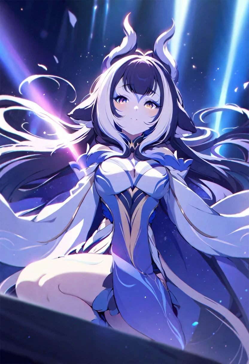 (shylily/(Twich/):1.5),(masterpiece:1.2),(best quality:1.2),, (1girl:1.3),{A girl in white armor fights in a white cape}},{{Masterpiece}},best qualtiy,Extremely detailed Cg Unity 8K wallpaper,Movie Lighting,lens flare glow,beatiful detailed eyes,full bodyesbian,black in color,multicolour hair,Colored light particles, Heterochromia, (Colorful:1.5), (Colorful hair:1.5),