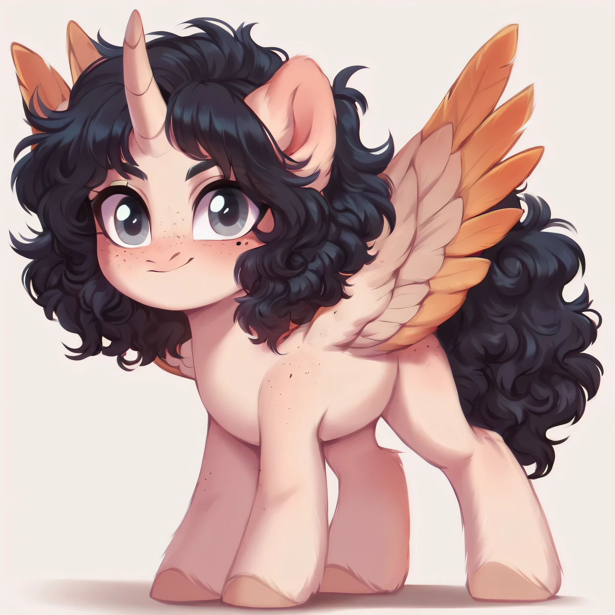 score_9, score_8_up, score_7_up, score_6_up, score_5_up, score_4_up, full body, simple background, feral pony, female pony, ((standing on all fours)), show accurate, light white skin, black hair, messy hair, curly hair, wavy hair, short hair, grey eyes, adorable face, pegasus wings, wings of the same skin color, unicorn horn, horn of the same skin color, horn in the center of the forehead, alicorn, freckles on the body, freckles on the face, looking at the viewer,