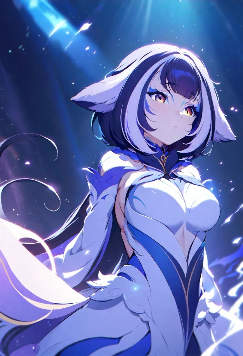 (shylily/(Twich/):1.5),(masterpiece:1.2),(best quality:1.2),, (1girl:1.3),{A girl in white armor fights in a white cape}},{{Masterpiece}},best qualtiy,Extremely detailed Cg Unity 8K wallpaper,Movie Lighting,lens flare glow,beatiful detailed eyes,full bodyesbian,black in color,multicolour hair,Colored light particles, Heterochromia, (Colorful:1.5), (Colorful hair:1.5),