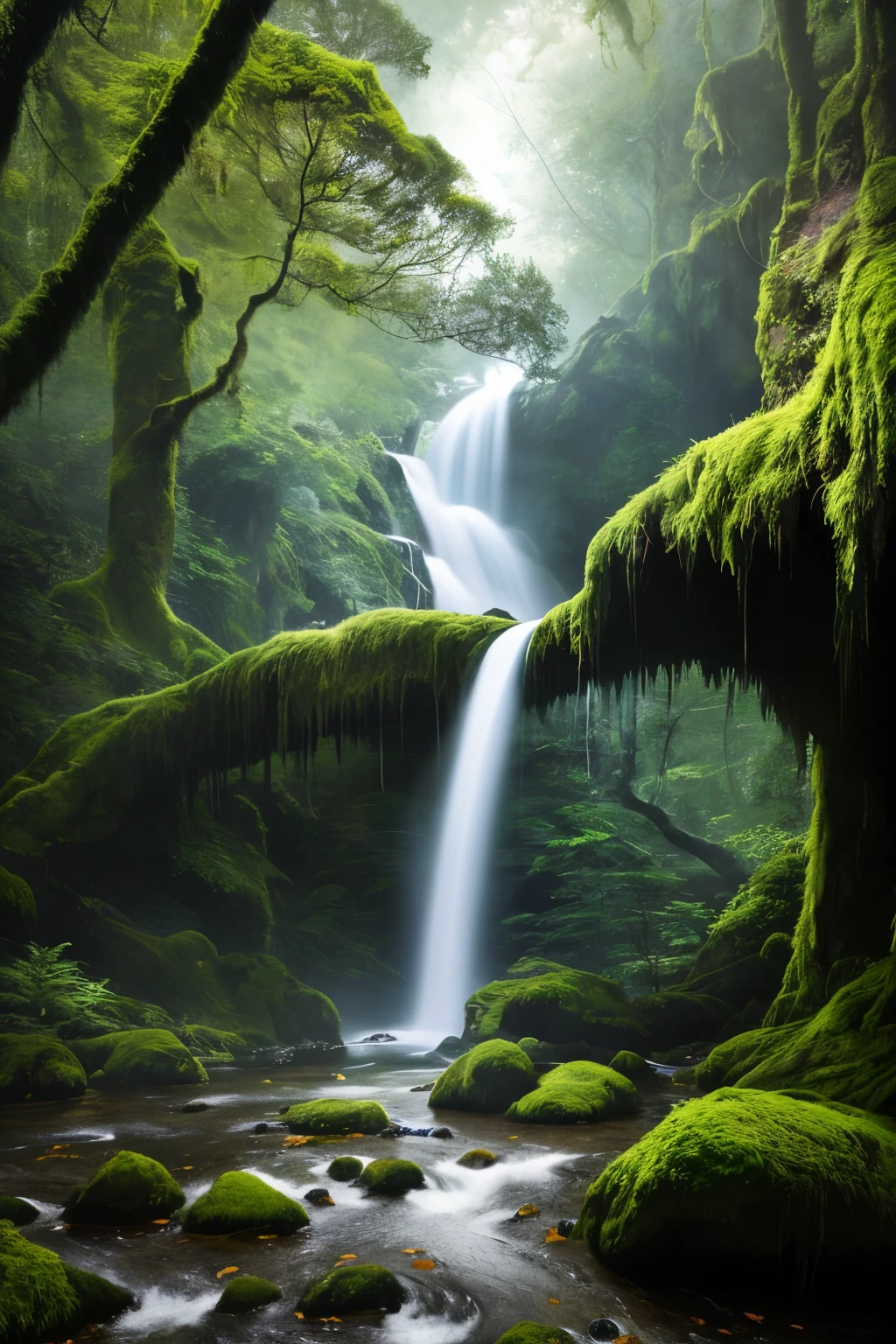In the heart of a mystical, ethereal landscape, a breathtaking waterfall cascades down, its crystal-clear waters shimmering under the soft, dreamy light. The surrounding misty mountains are adorned with twisted, gnarled trees, their trunks reaching upwards towards the sky, their leaves scattering iridescent hues, reminiscent of the painting style of Artgerm and Greg Rutkowski. The dense forest floor is blanketed in lush, vibrant moss, and the gentle mist veils the entire scene in an aura of magic and enchantment. The digital painting, with its intricate details and dramatic contrasts, is a majestic, other