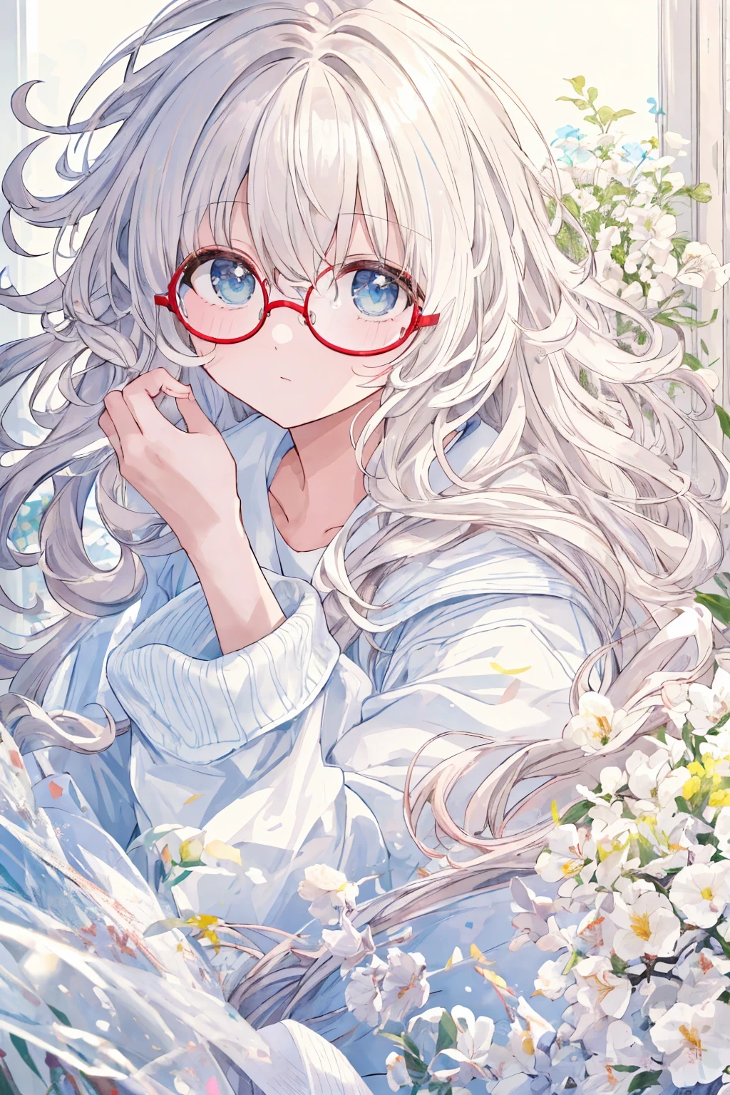 masterpiece, highest quality, Messy Hair, White clothes, Glasses
