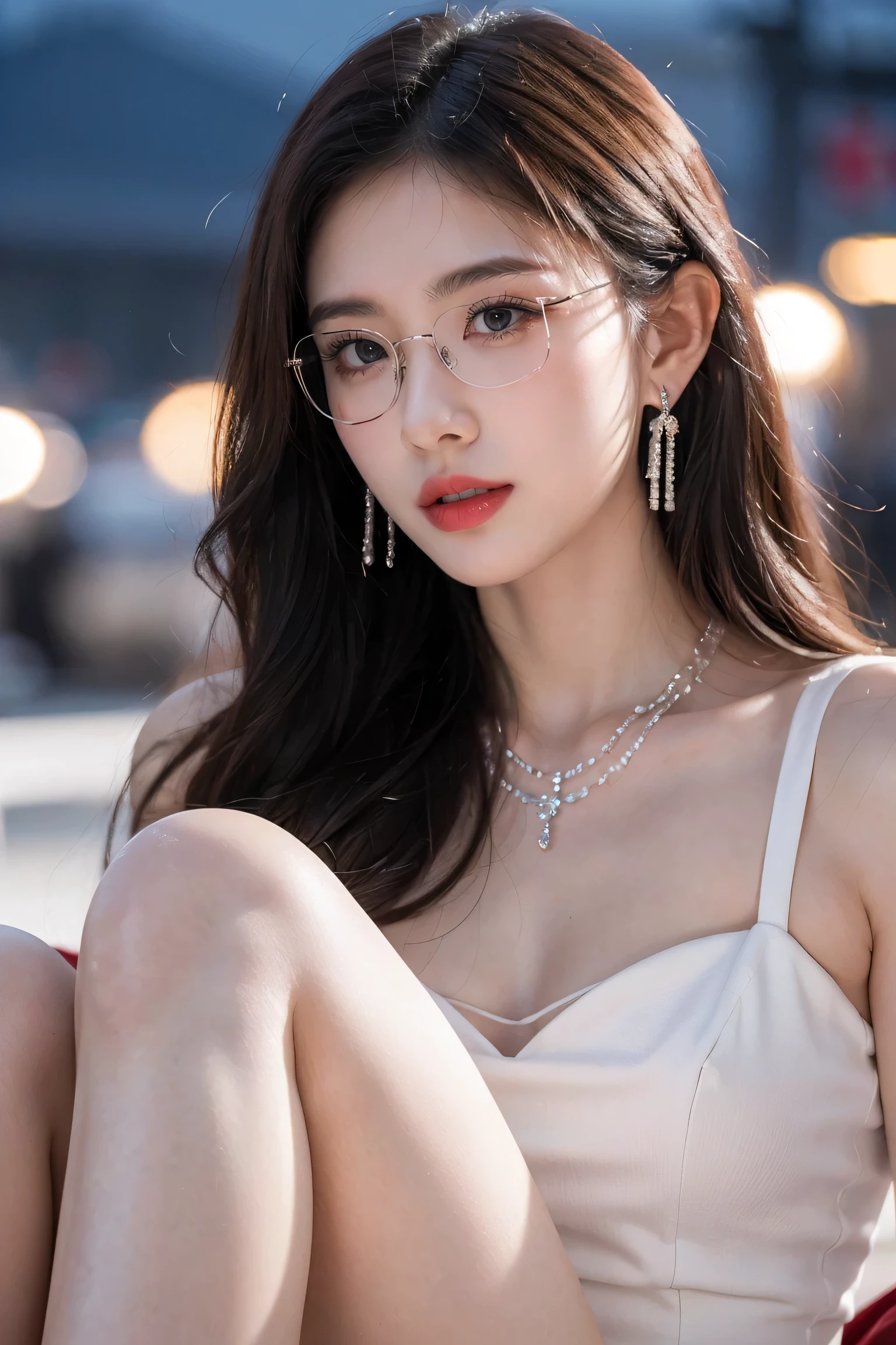 Top CG, Highest image quality, masterpiece, Gentle beautiful girl, (185cm美女), (fit), Imperial sister, Queen temperament, White skin, ((Long legs)), perfect facial features, Bright Eyes, Seductive pose, Red lips, Beautiful and cold (A major breakthrough)), Beautiful and heroic, Soft and long hair, sparkling, Lace, net, Visible through clear skin, wear glasses, diamond earrings, ruby neckLace, (evening dress), 8K Image Quality, (Realistic Portraits), Characters fill the screen, (Facial lighting), ((Everlasting)
