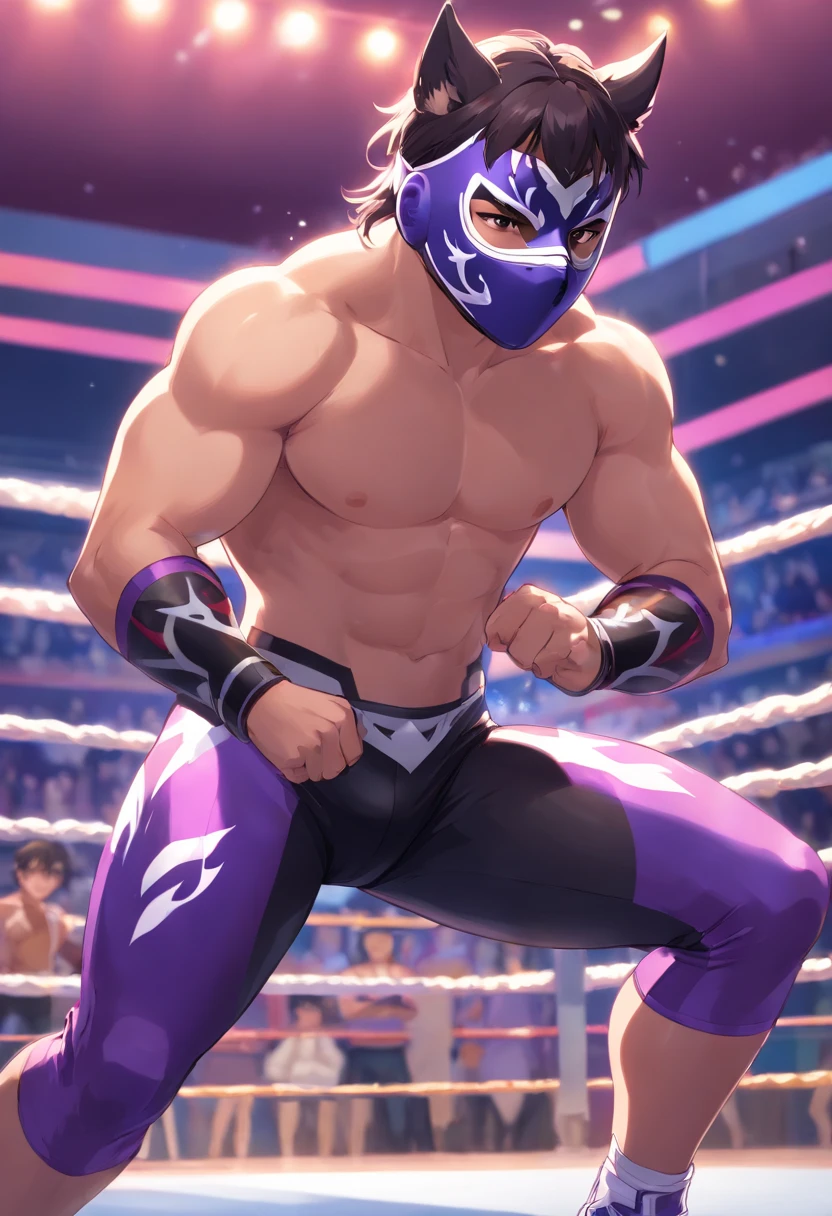 a young hispanic wrestler wearing a wrestling mask of a wolf, His torso is exposed, showing his physique., He wears long black latex mesh wrestling pants with purple and white designs as he poses confidently in the ring..