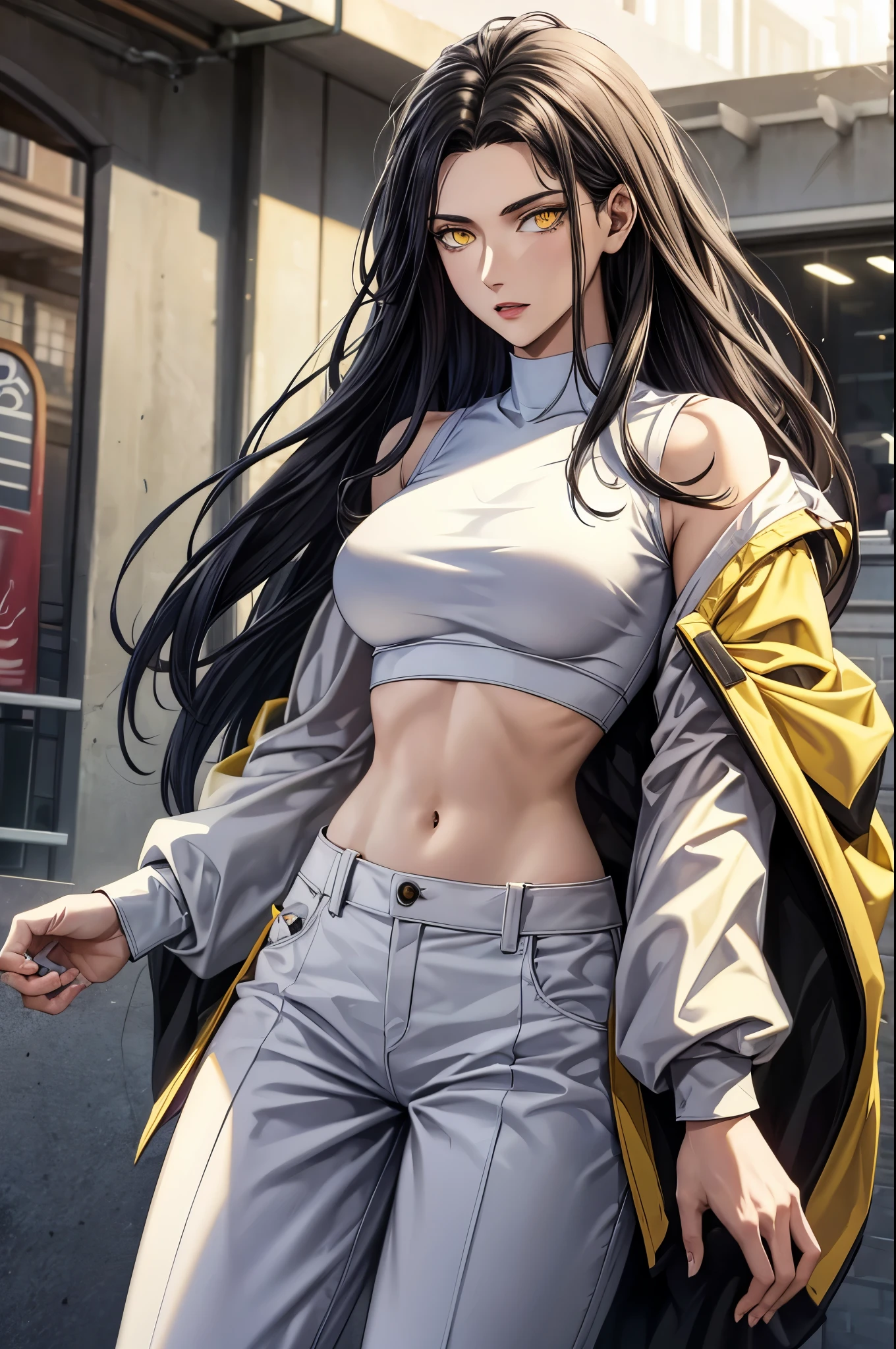 black hair,yellow eyes,masterpiece, best quality, high quality, highres, outdoors, looking at viewer, white shirt, crop top, midriff, navel, white pants, Jenny, tall female,
