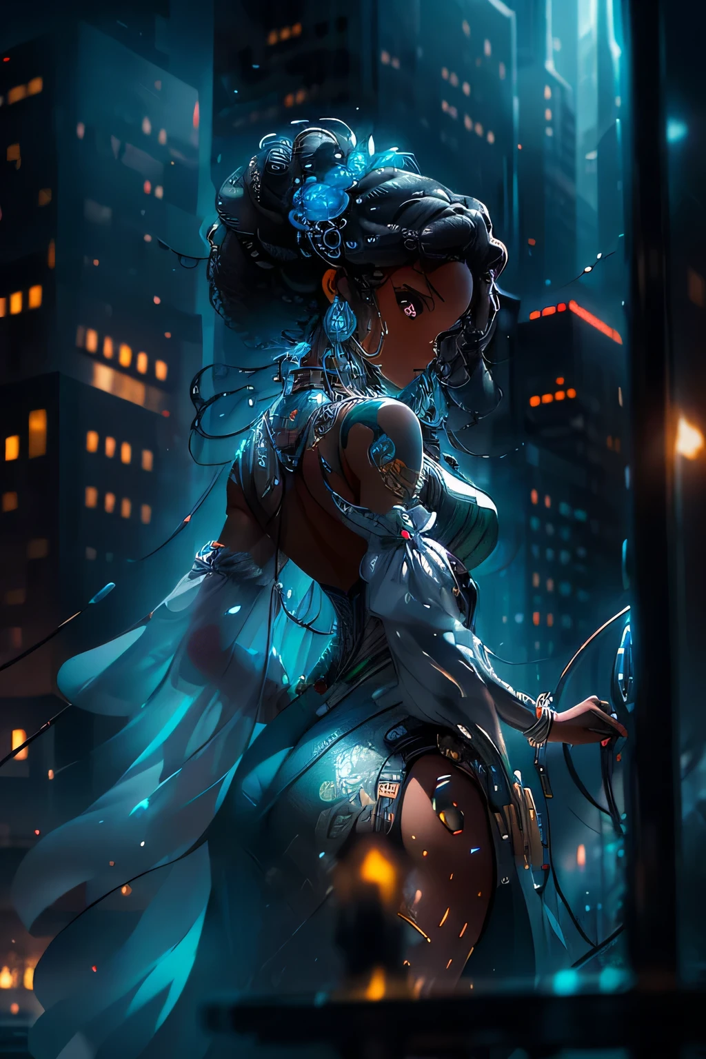 POV shot of a resilient black woman, her intense gaze locked onto the viewer, as she draws an arrow back in her Africani-designed bow. Her curly hair cascades down her shoulders, framing her blue eyes that seem to pierce through the chaos around her. The cityscape behind her is in disarray, with buildings swaying and people scattering as a ferocious hurricane bears down on them. Yet, she stands firm, rooted to the spot, as a brilliant and atmospheric scenery of glittering and shimmering mirror glass particles swirls around her, providing a beautiful and moody contrast against the grey, green, and silver colour grading of