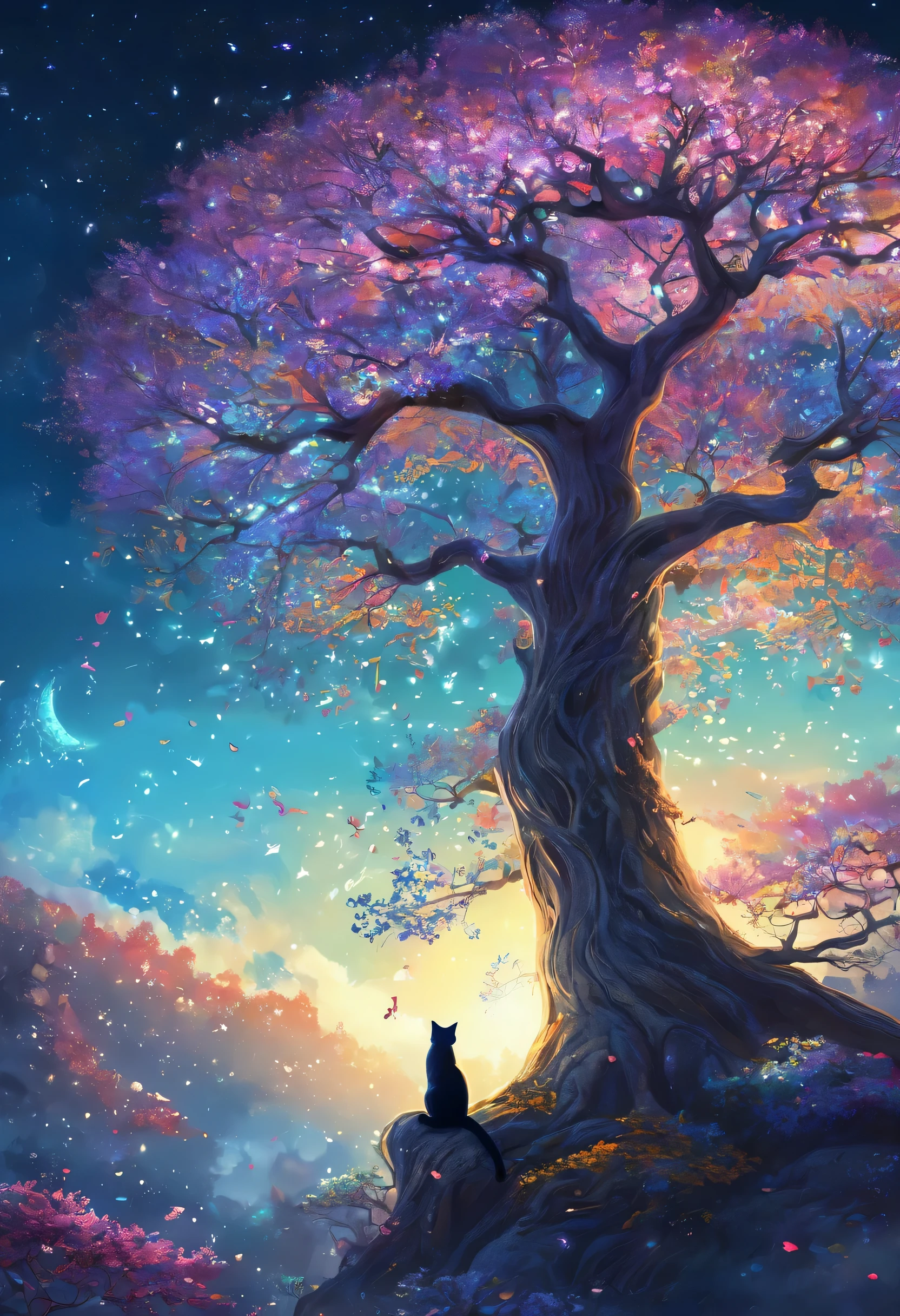 Cat 、girl 、night ,A picture of a tree with a white bird and a cat in the middle, Magic Tree, Fantasy Tree, Magic Tree, Beautiful artwork illustration, very Beautiful digital art, Background artwork, Beautiful digital painting, by ヤン・J, Beautiful digital illustrations, Beautiful digital artwork, Dreamy digital painting, Beautiful digital art, world Tree, tree of life, Fantasy art style