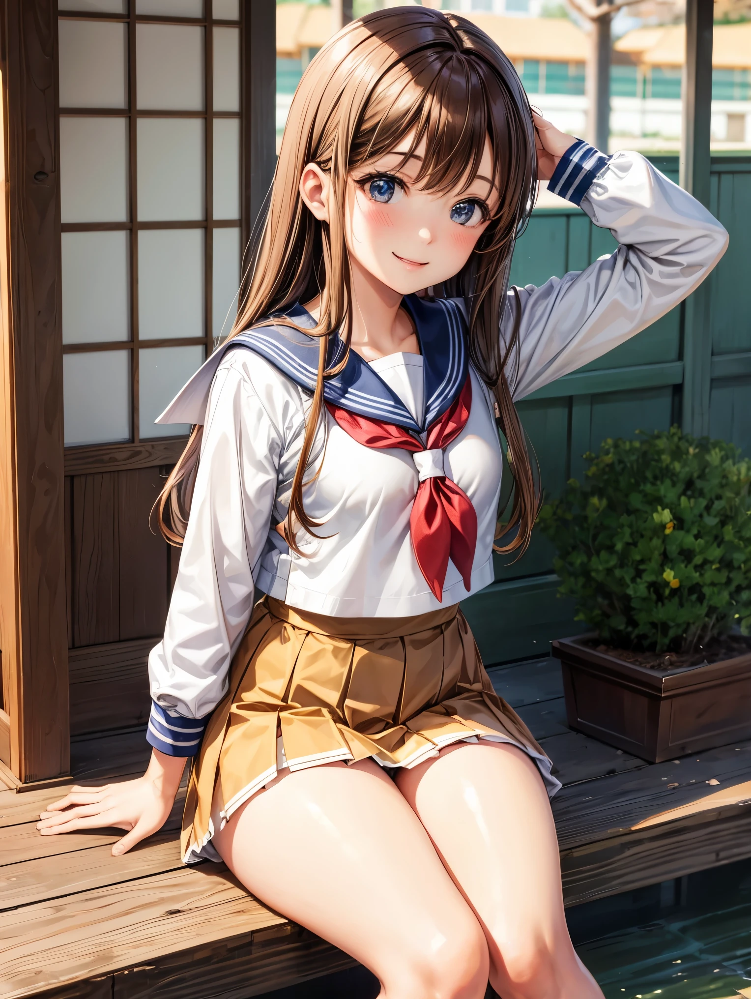 highest quality,best image,Japanese,Small breasts,Brown hair long,Elementary school girl,Beautiful girl,smile,Sailor suit