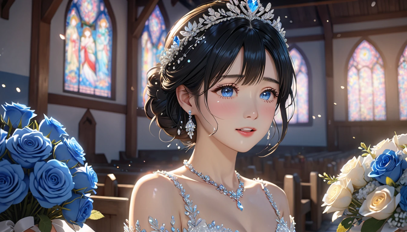 National Science Foundation,masterpiece,High resolution,8K,Art,digit,Three-dimensional,Kyoto Animation Style,your name movie style,Facing the camera,Soft Light,Glowing skin,(1 female: 1.3),(alone: 1.4),(((Black hair))),(Gorgeous,sparkling wedding dress),Swarovski crystals on gorgeous wedding dress,crystal crown,crystal necklace,crystal earrings,Long eyelashes,slender legs,Short Bob,Bouquet of blue roses in hand,Close-up of upper body,Close-up,close view,In the quaint church,Starry eyes,Blushed,shy,shy,open mouth,(((cry))),(((shed tears)))