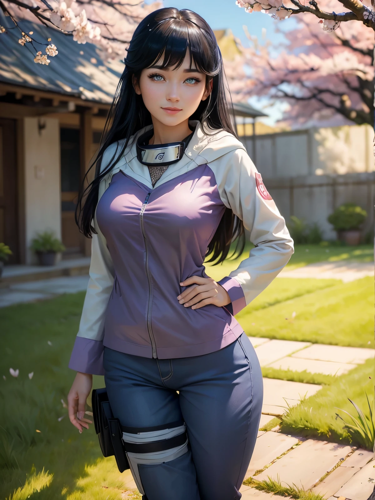 Х1Н4Т4, 1girl, Hyūga Hinata, solo, (Realistic:0.5), Masterpiece, solo, (Best Quality, Perfect detail, Beautifully detailed face, Detailed eyes), Brilliant brilliance, Ray Tracing, Depth of field, HDR, gradient eyes, Sharp eyelashes, ((Lashes)), mascara, Detail_s face, Lashes, Shiny hair, Flirting, Seduction Smile, parted lips, Average Breasts,, (Floating soft particles:1.1), ((looking a viewer)), (Playmate pose:1.1), (full - body:1.1), ((8k wallpaper)), ((hight resolution)), Long hair, black hair, white eyes, (pants:1.2), Hand on hip, hood, Bangs, full - body, Standing, blurry, looking a viewer, long sleeves, Smile, (grass field:1.4), (a tree:1.2), (cherry blossom:1.3), (blue skies:1.3), (Sun),