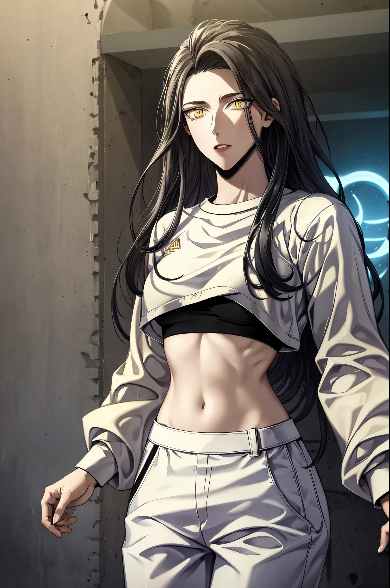 black hair,yellow eyes,masterpiece, best quality, high quality, highres, outdoors, looking at viewer, white shirt, crop top, midriff, navel, white pants, Jenny, tall female,