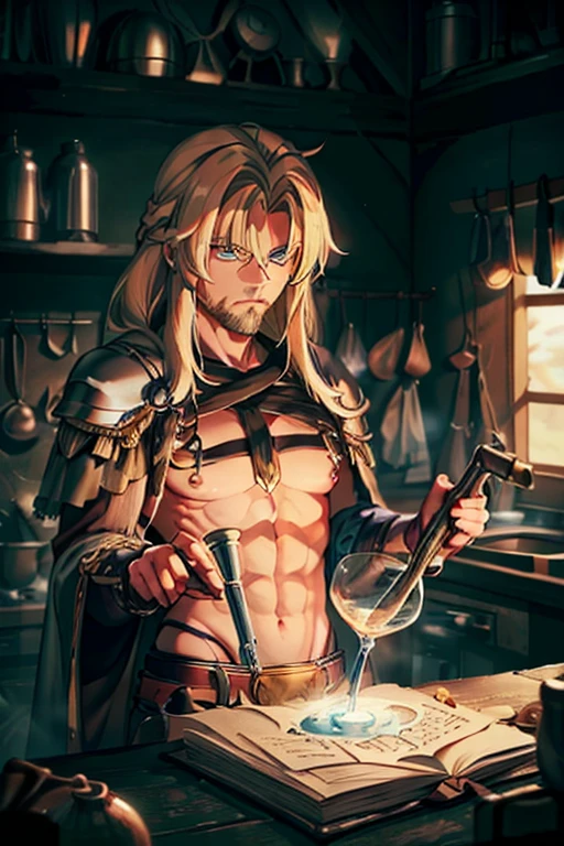 A muscular blonde haired male wizard with blue eyes with a dark beard and long hair in a magical uniform is making a potion in a cauldron