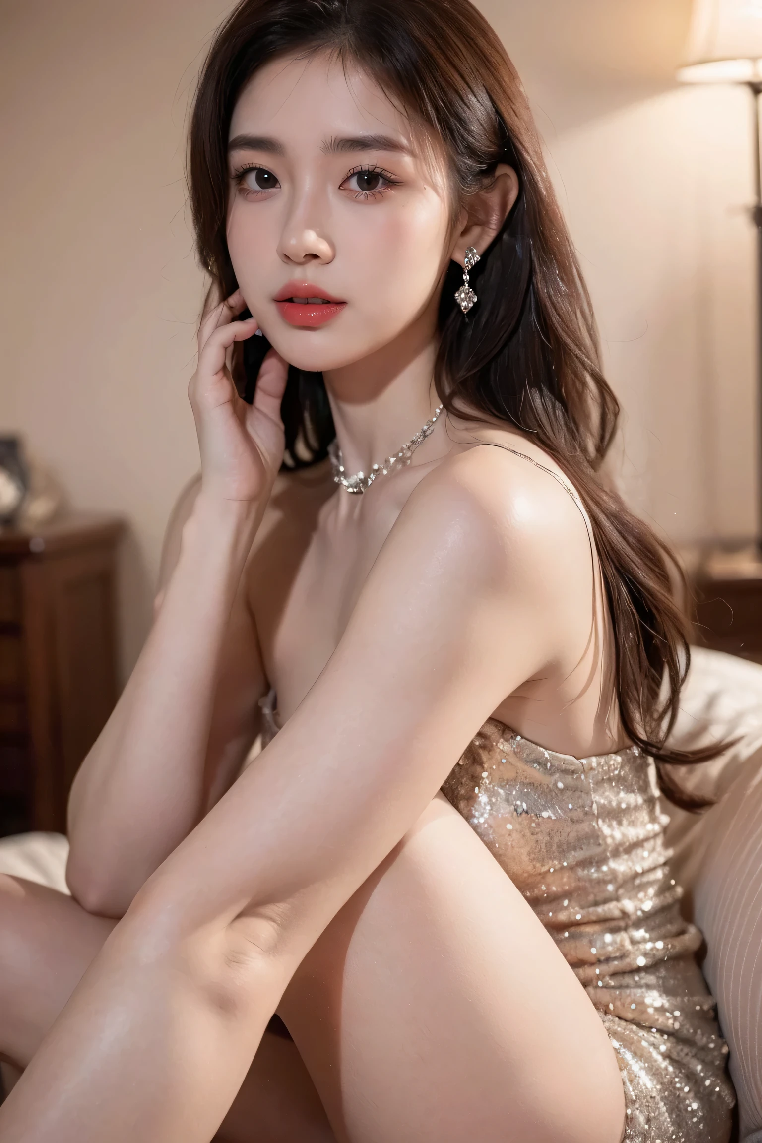 Top CG, Highest image quality, masterpiece, Gentle beautiful girl, (185cm美女), (fit), Imperial sister, Queen temperament, White skin, ((Long legs)), perfect facial features, Bright Eyes, Seductive pose, Red lips, Beautiful and cold (A major breakthrough)), Beautiful and heroic, Soft and long hair, sparkling, Lace, net, Visible through clear skin, wear glasses, diamond earrings, ruby neckLace, (evening dress), 8K Image Quality, (Realistic Portraits), Characters fill the screen, (Facial lighting), ((Everlasting)