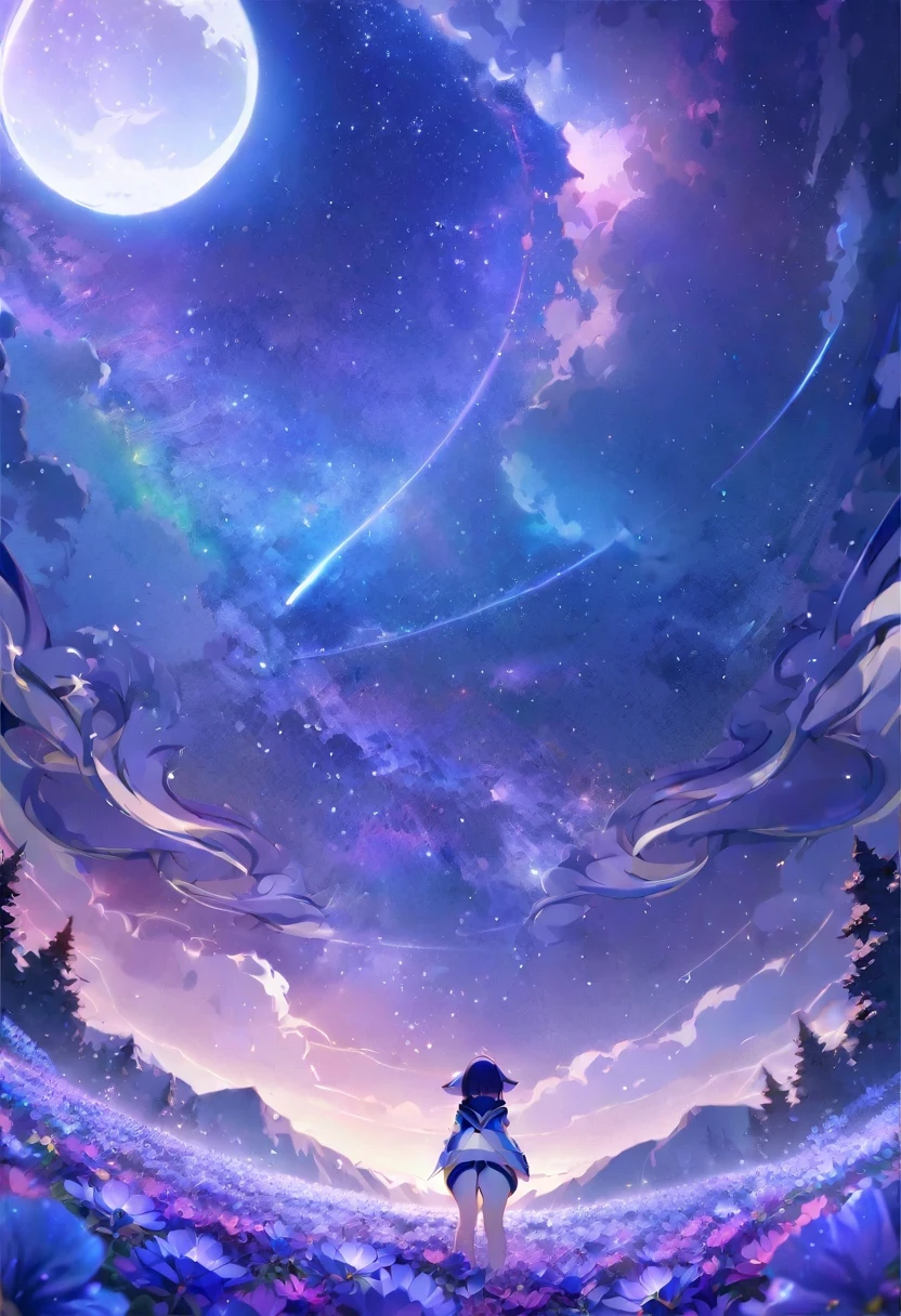 (shylily/(Twich/):1.5),(masterpiece:1.2),(best quality:1.2),, (1girl:1.3),vast landscape photography , (View from below showing the sky above and open fields below), A girl standing in a flower field and looking up, (full moon:1.2), ( shooting star:0.9), (nebula:1.3), distant mountain, Tree ,BREAK, production art, (warm light source:1.2), (fire Fly:1.2), lamp, lots of purple and orange, intricate details, Volume lighting ,BREAK, (masterpiece:1.2), (highest quality), 4K, super detailed, (dynamic composition:1.4), very detailed, colorful details,( rainbow colors:1.2), (shining lighting, atmosphere lighting), dream-like, Magic, (alone:1.2),watercolor