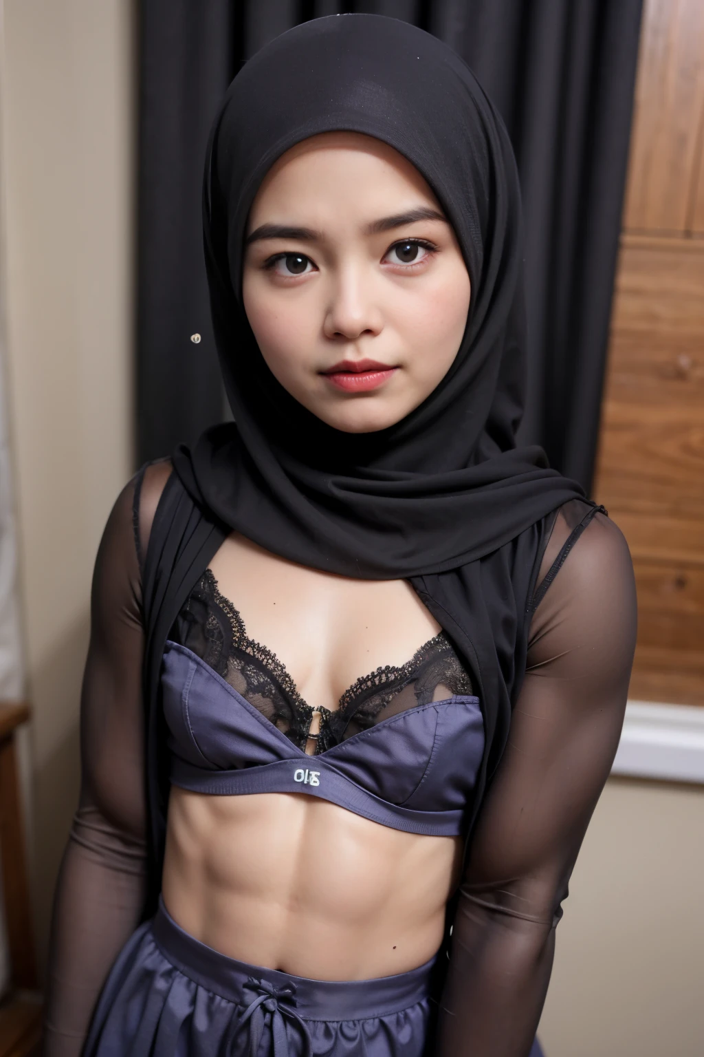 see-through T-shirt, Bodybuilder Naked, (((HIJAB MALAY GIRL))), masutepiece, High quality, UHD 32K, Realistic face, Realistic skin feeling , A Japanese Lady, 8 , , Very cute and baby-like face, (((FLAT CHEST))), (MATRIX WORLD), ((look In front  at the camera and SADNESS)), ((())), (((CUTE GIRL))), ((RED LIPS)), ((Floral Pattern)) little Bodybuilder, lingerie 