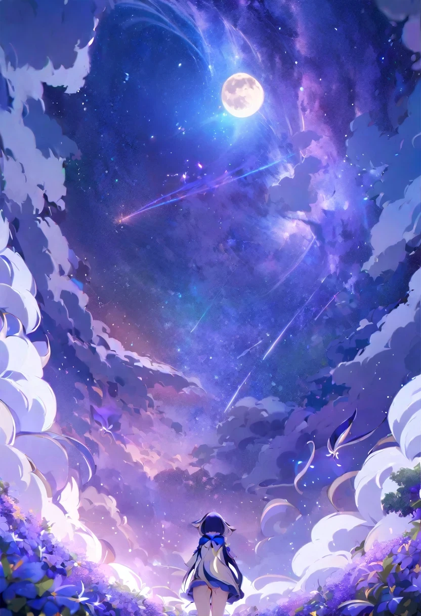 (shylily/(Twich/):1.5),(masterpiece:1.2),(best quality:1.2),, (1girl:1.3),vast landscape photography , (View from below showing the sky above and open fields below), A girl standing in a flower field and looking up, (full moon:1.2), ( shooting star:0.9), (nebula:1.3), distant mountain, Tree ,BREAK, production art, (warm light source:1.2), (fire Fly:1.2), lamp, lots of purple and orange, intricate details, Volume lighting ,BREAK, (masterpiece:1.2), (highest quality), 4K, super detailed, (dynamic composition:1.4), very detailed, colorful details,( rainbow colors:1.2), (shining lighting, atmosphere lighting), dream-like, Magic, (alone:1.2),watercolor