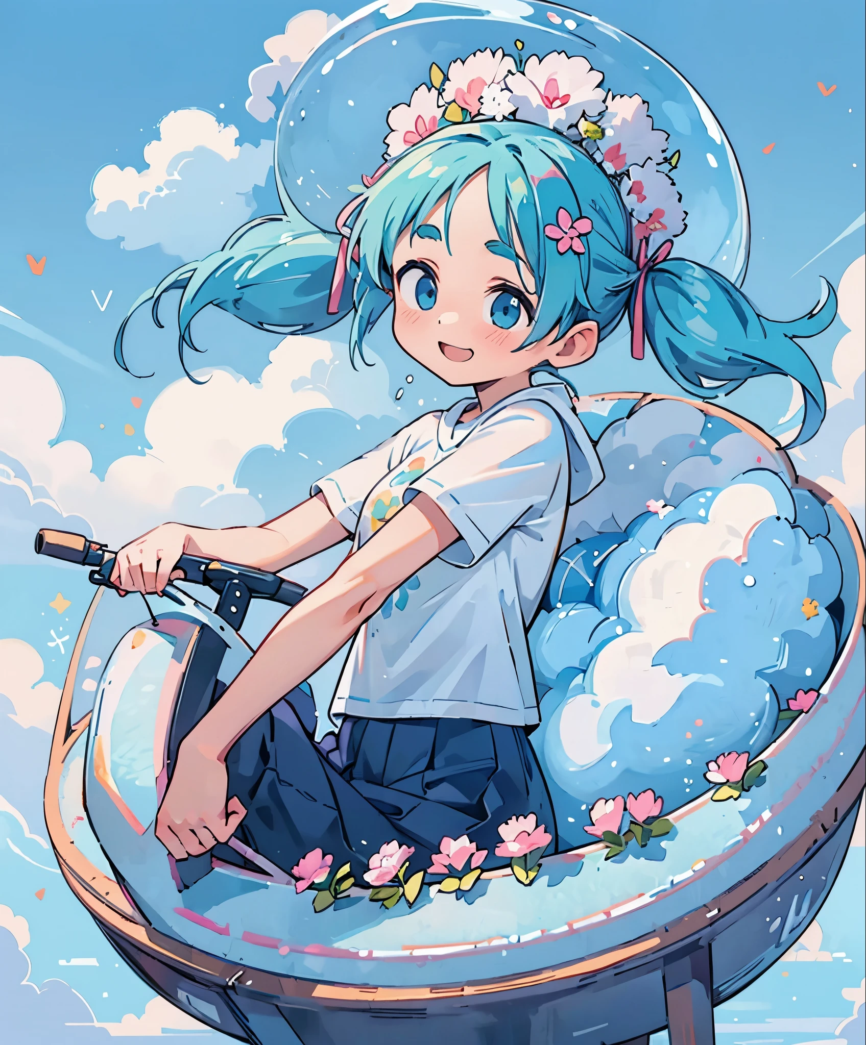 (masterpiece、highest quality、highest quality、Official Art、Beautiful and beautiful:1.2)、(One girl:1.3)Hatsune Miku、Twin tails,Big Breasts, Long light blue hair, blue eyes and eyebrows, Erio Towa, Ride a bike with other people , Pedaling pose, smile, artstation pixivでトレンド, ArtStation Pixi の Artgerm