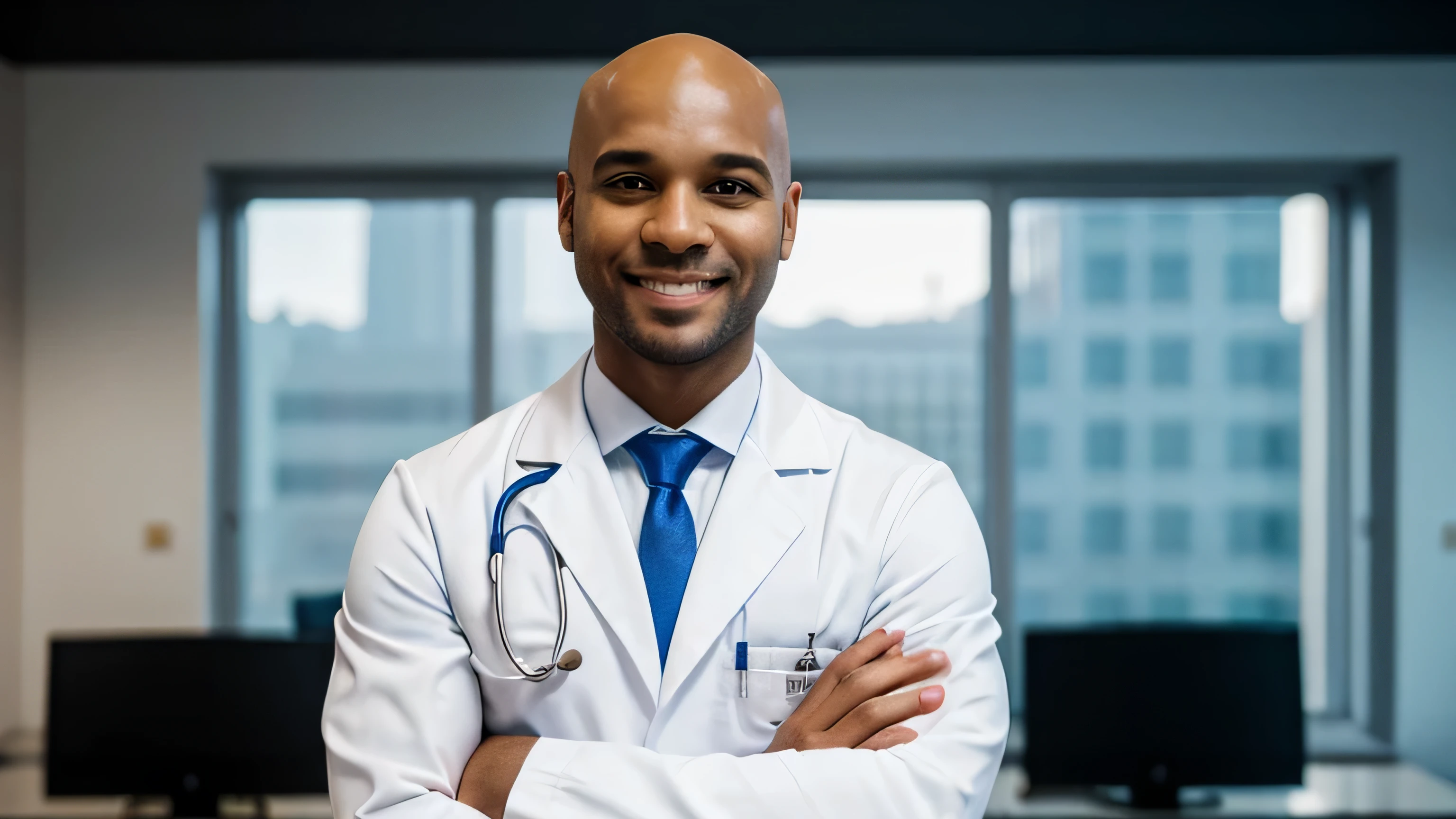 doctor in white coat and tie male doctor wearing a white coat, healthcare professional, bald afro with no hair and arms crossed at the waist with a slight smile on his face
