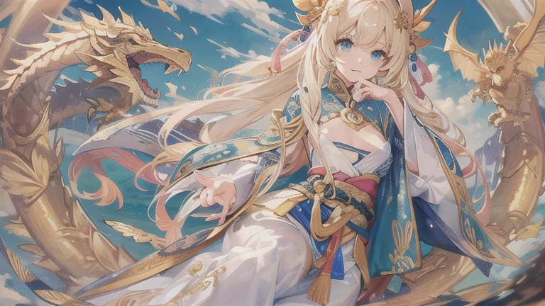((masterpiece、highest quality、highest quality、An illustration、Intricate details))、girl 、Outdoor、Ride the Dragon、golden knight、Golden Dragon、Final Fantasy、Long blonde、peace、Golden Aura、Beauty、Adult、Open chest、Bare thighs、Cape、pterosaur、Healing、blue sky、Long-sleeved kimono