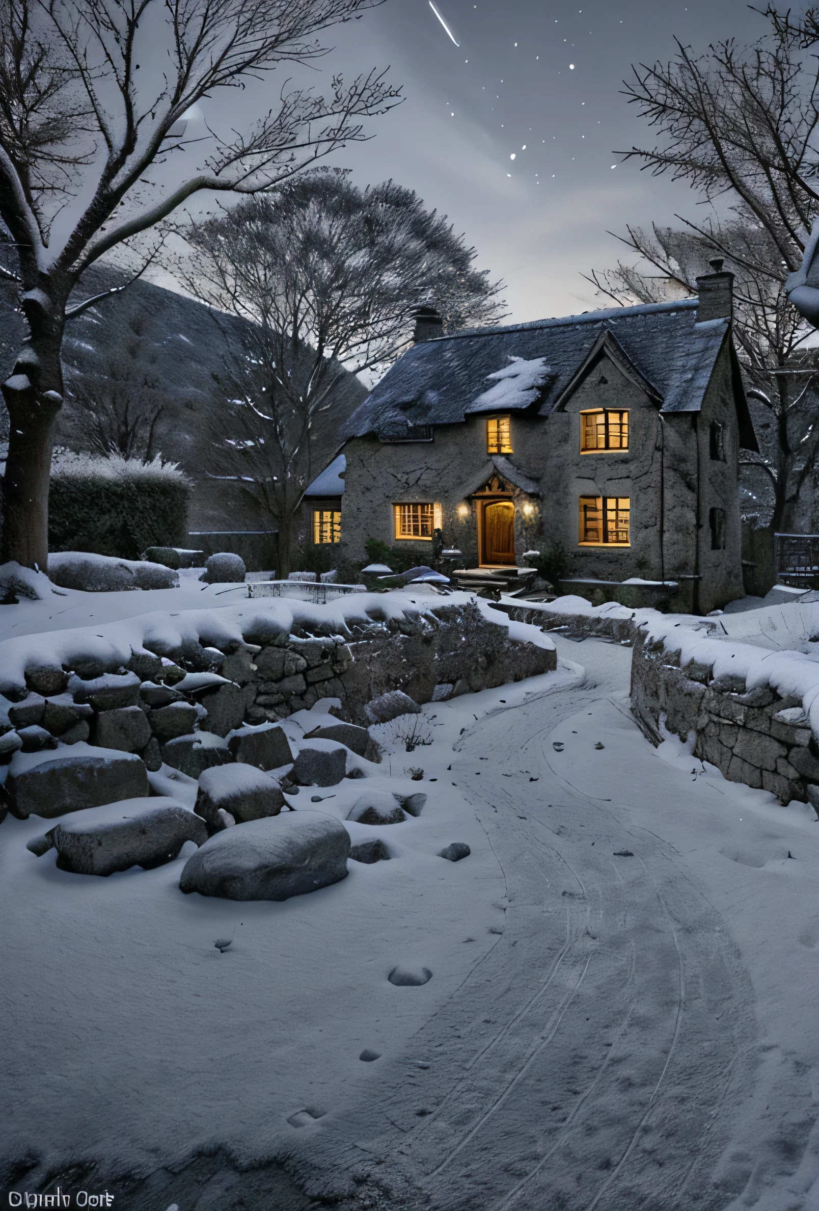 old stone cottage, dark night with bright moonlight, snow on the ground, bare trees