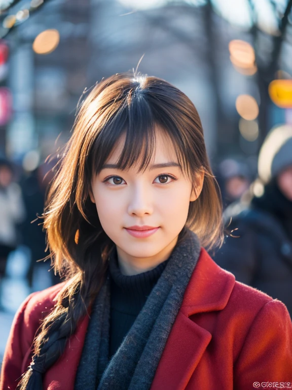 Photorealsitic, 8k full-length portraits, Beautuful Women, A charming expression, poneyTail, sixteen years old, TOKYOcty, Winters, Shibuya in the background