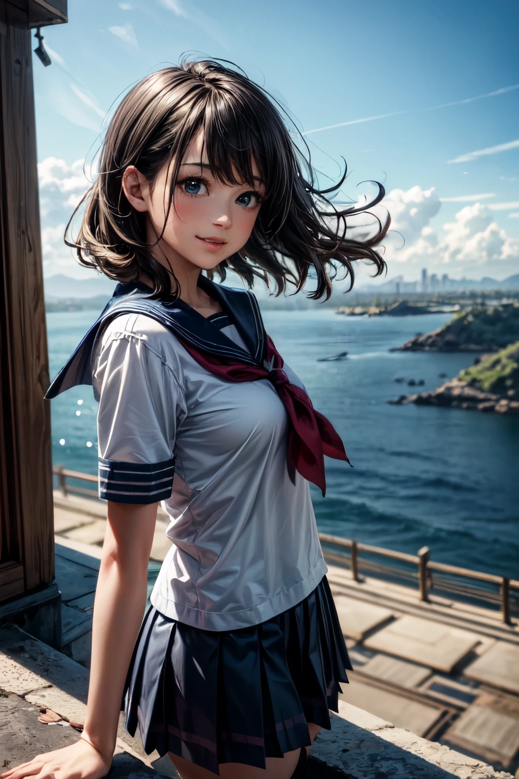 very cute and beautiful school girl viewing sea on hilltop,(highly detailed beautiful face),
(smile:1.2),cowboy shot,(sailor ,pleated navy blue mini skirt),black hair,zettai ryouiki,
(looking at sea,from top of hill),many houses with red roof,detailed landscape,
(best quality,masterpiece:1.0),absurdres,highres,ultra-detailed,extremely detailed,32k,8k resolution,
intricate details,cinematic scene,detailed background,solo,dynamic angle,
natural lighting,hair fluttering in the wind,beautiful detailed sky,