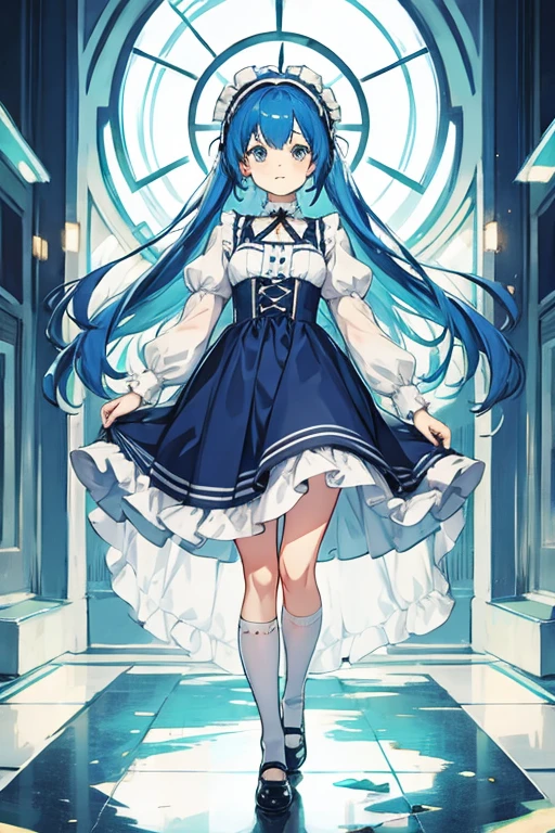 Anime girl, with blue hair, wearing a cute lolita dress, white stockings, light blue dress shoes