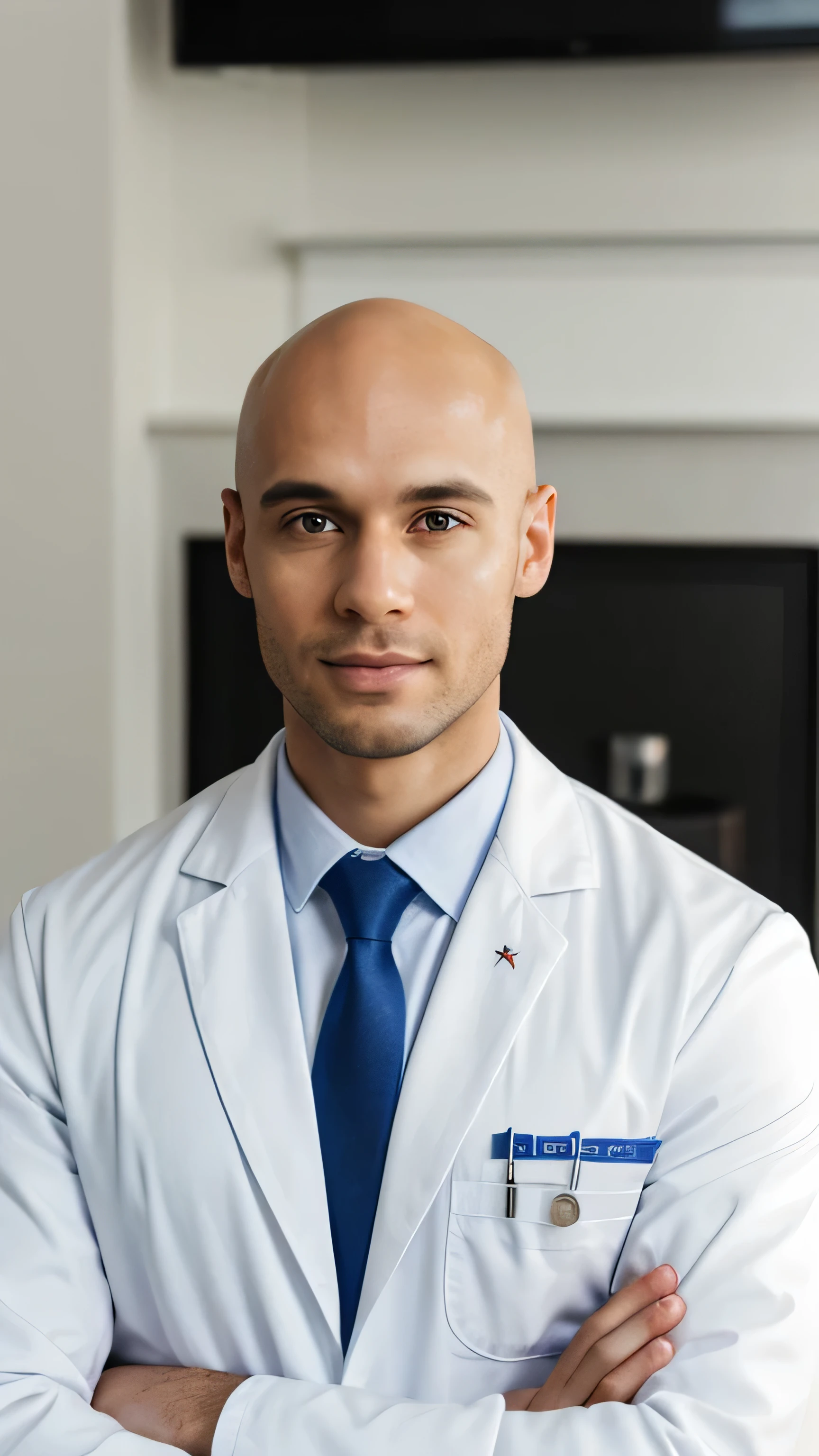 doctor in a white coat and tie male doctor wearing a white coat, healthcare professional, bald afro with no hair and arms crossed at the waist