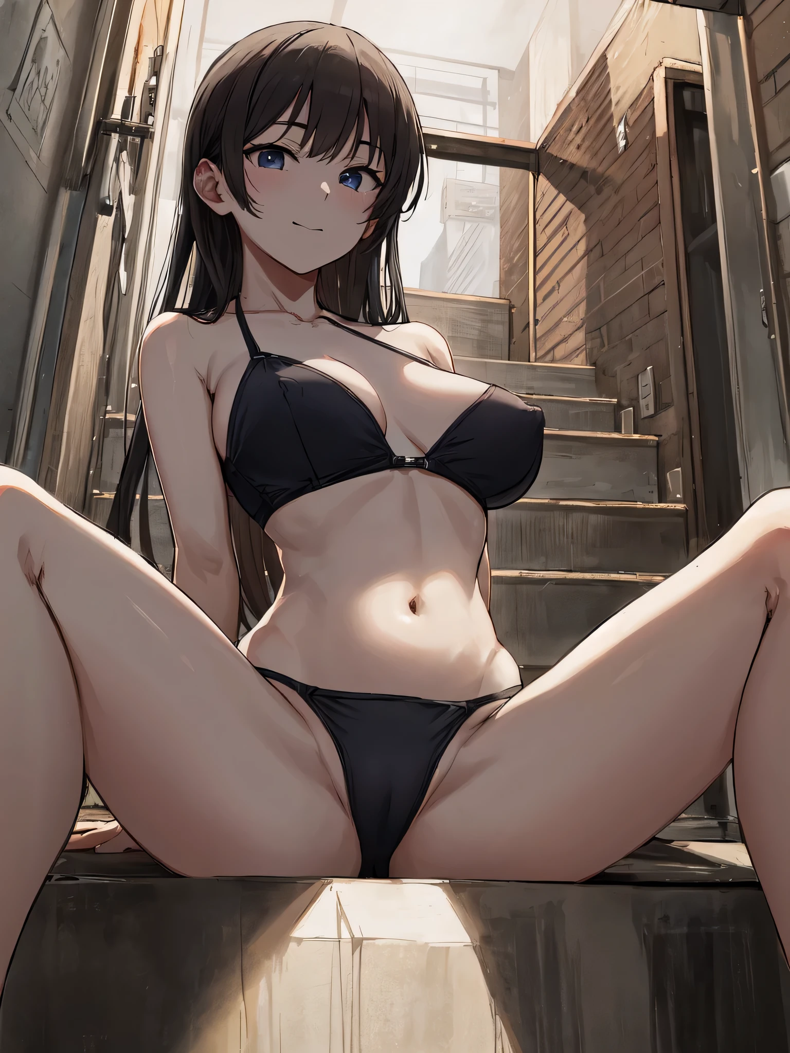 (Masterpiece:1.2), (high quality), (pixiv:1.4), (anime:1.4),(Best quality),(artwork created with color sketch, similar to watercolor painting) ,sitting stairs,(spread legs:1.3),posing like a cute model,from below, manga drawing, black hair, cute smile, Dark blue ,((monokini)), and nipples, (showing her nipples and small breasts), (((color sketch, rough))), extremely detailed transformation, shiny white skin