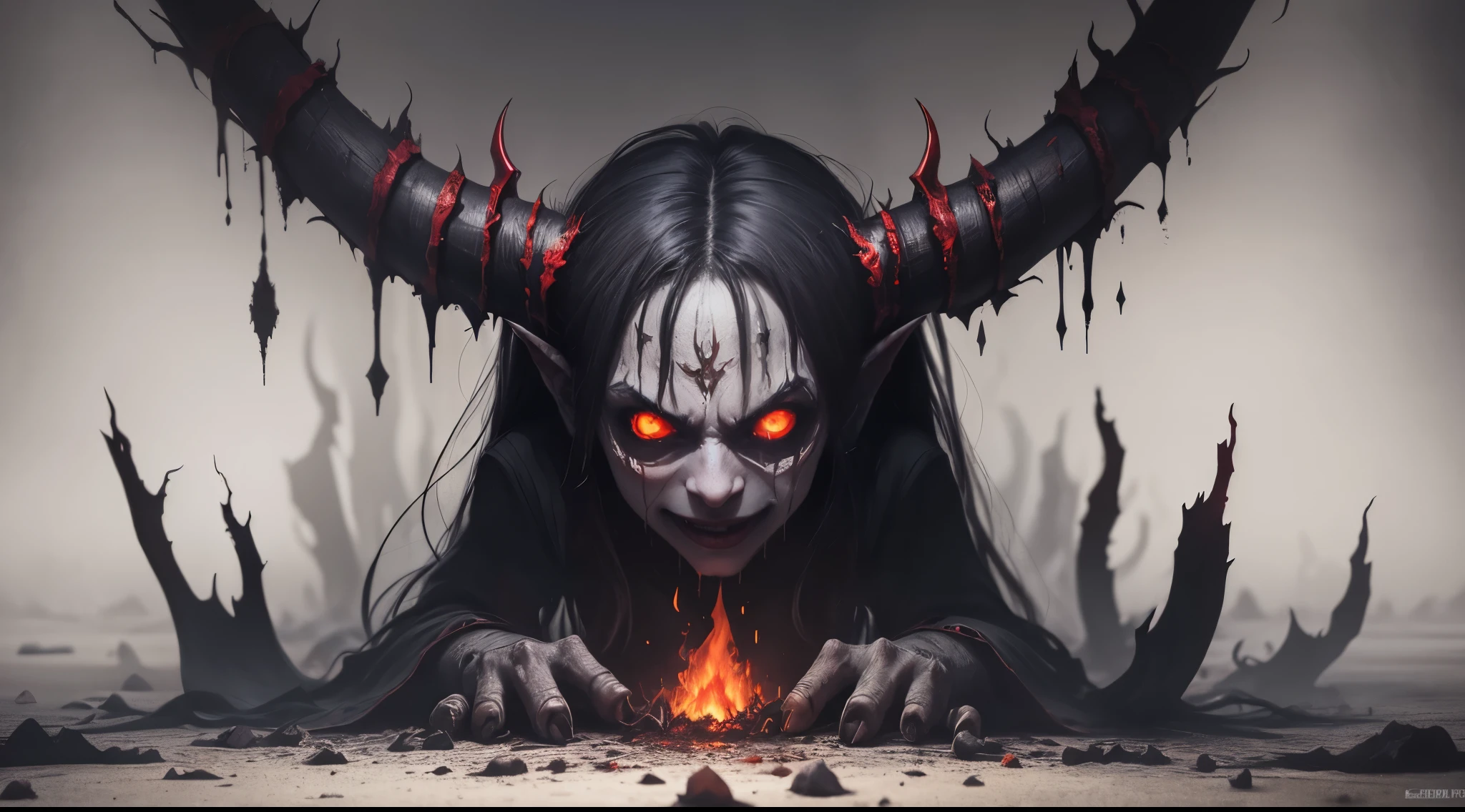 demon woman with horns and glowing eyes dressed in revealing outfit crawling down in forest at night, dark forest, crawling to the camera, yellow glowing eyes, horror movie, cinematic dark, ultra detailed, photorealistic, masterpiece.