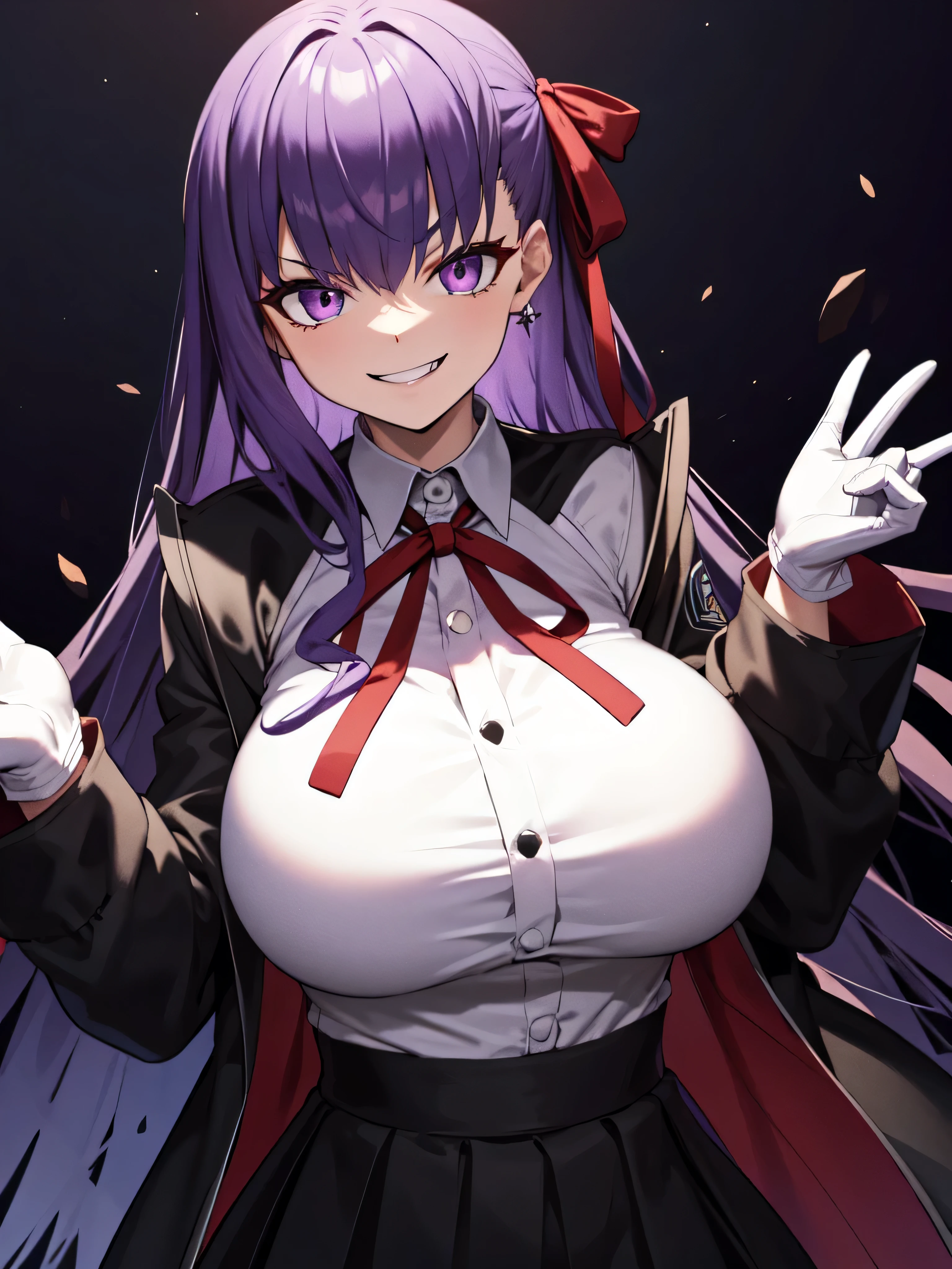  isometric, mid shot,  night, ,,, purple hair, black jacket, white shirt, black skirt, red ribbon, big breasts, purple eyes, white gloves, long hair, big collar, evil smile,smirk,t,(evil smile:1.3),black darkness,hell,upper body,