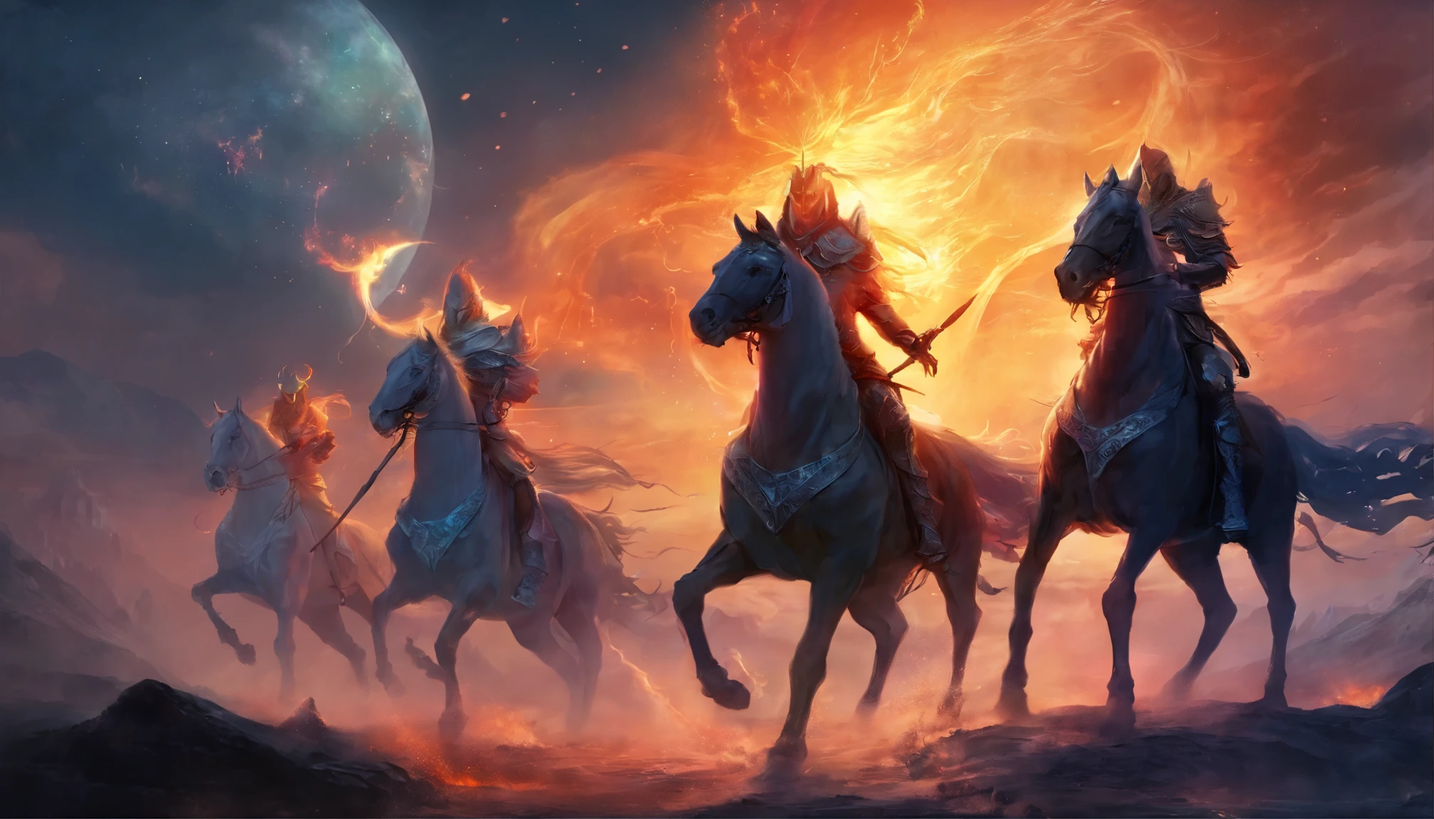 (((The four horsemen of the apocalypse))), eerie, creepy, nightmarish, very bright colors, light particles, with light glowing, Mshiff, wallpaper art, UHD wallpaper