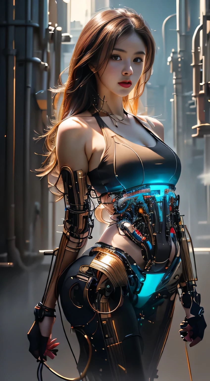 Virtual image,Realistic 8K images,hips up,Masterpiece,Complete Anatomy,Complete dynamic composition,morning sun,Light hits the front,young woman with long brown hair,cybernetic robot,Bikini body - white_orange_gold_metal,,white tank top,Abstract city background at night