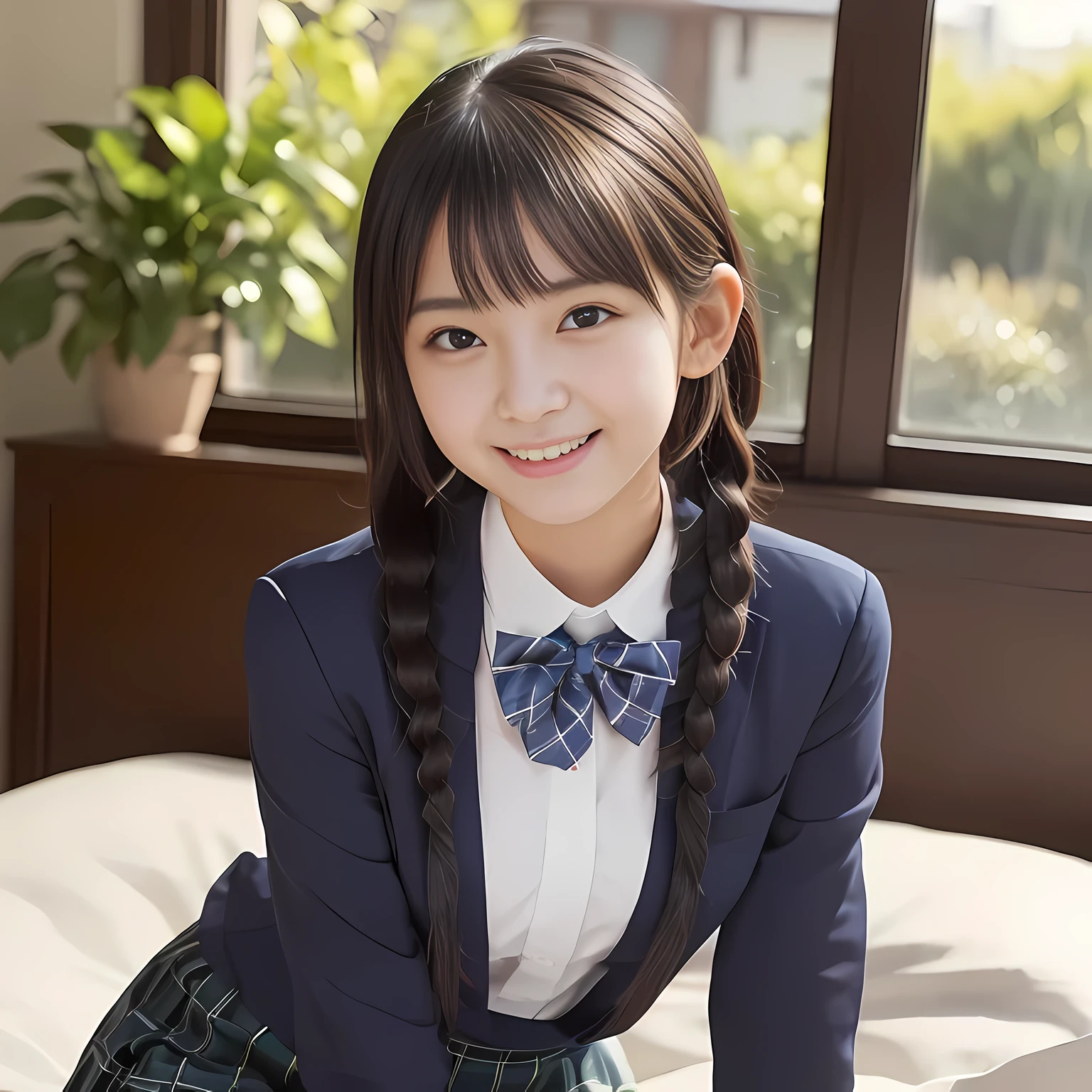 (highest quality、masterpiece:1.2)、highest quality、Realistic、photograph、High resolution、1080p、8K、Fair skin, especially face, Physical Rendering、((Height: 160cm)), one Japanese girl、((((((18 year old Japanese fashion model)))))), school summer uniform, ((((A beautiful woman in a deep window turns to the side and looks at the viewer.)))), (((big very detailed beautiful dark brown eyes))), ((((impressive plain navy large school ribbon bow tie)))), ((((black very beautiful and very very long braids)))), ((((deep blue colored tartan checkered formal long pleated pleated skirt)))), ((A unpatterned formal dark blue blazer in solid that is slightly oversized and has an emblem on the left chest.)), (((((((looking at me giving me pity))))))), detailed fingers, ((curled bangs)), ((Very large and beautiful eyes of Japanese girls, drawn with great care and attention to detail)), double eyelids, Thin eyebrows, ((drooping eyes)), (((very long eyelashes))), ((cute lovely lovely laughing laughing cheeks)), ((Pure white light hits her face from above and in the front, making her skin and eyes shine beautifully.)), ((Strong light hits the nose and cheeks、It brings out the richness of the expression.)), ((The skirt is very cute)), (((((Her facial features are very expressive lovely smile, very very pure, very very intelligent.))))), ((((On the bed)))), (((Shooting from the side)))