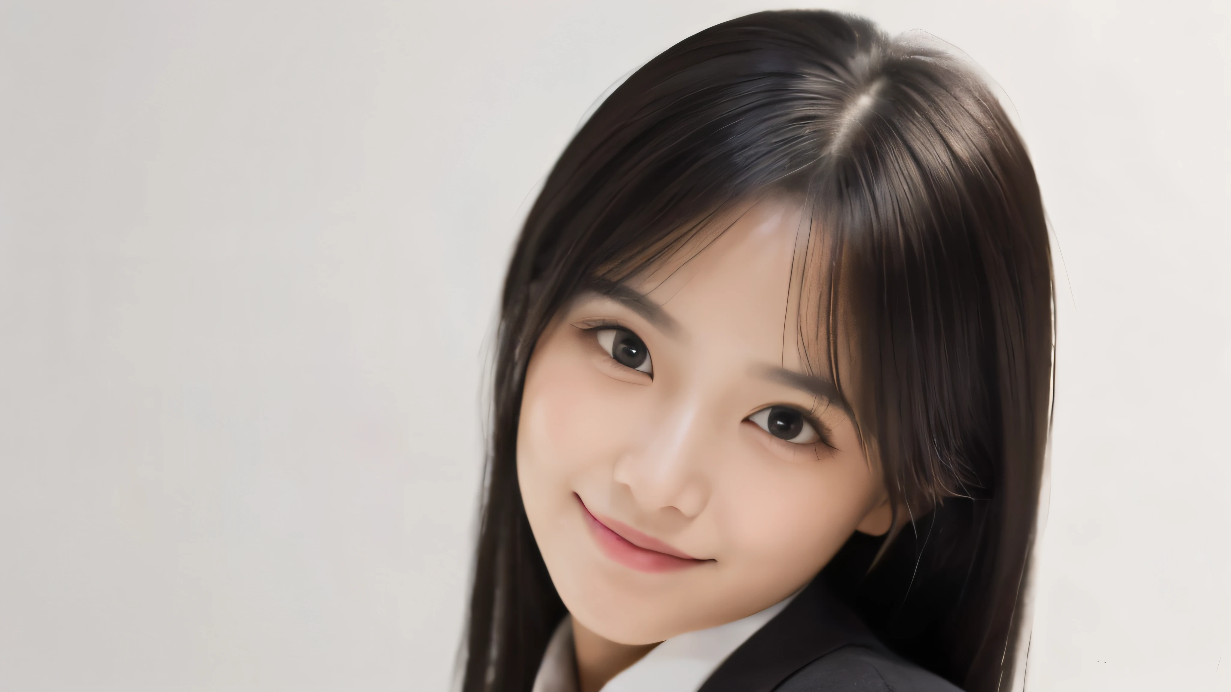 (Realistic: 1.4), (highest quality: 1.4), (Fine grain), Full body shot, ((White background)), ((Watching the audience)), ((1 female university student)), Black Hair, ((suit)), Wide eyes, Blushed face, smile, Highly detailed face and skin texture, Healthy Skin, 8k resolution