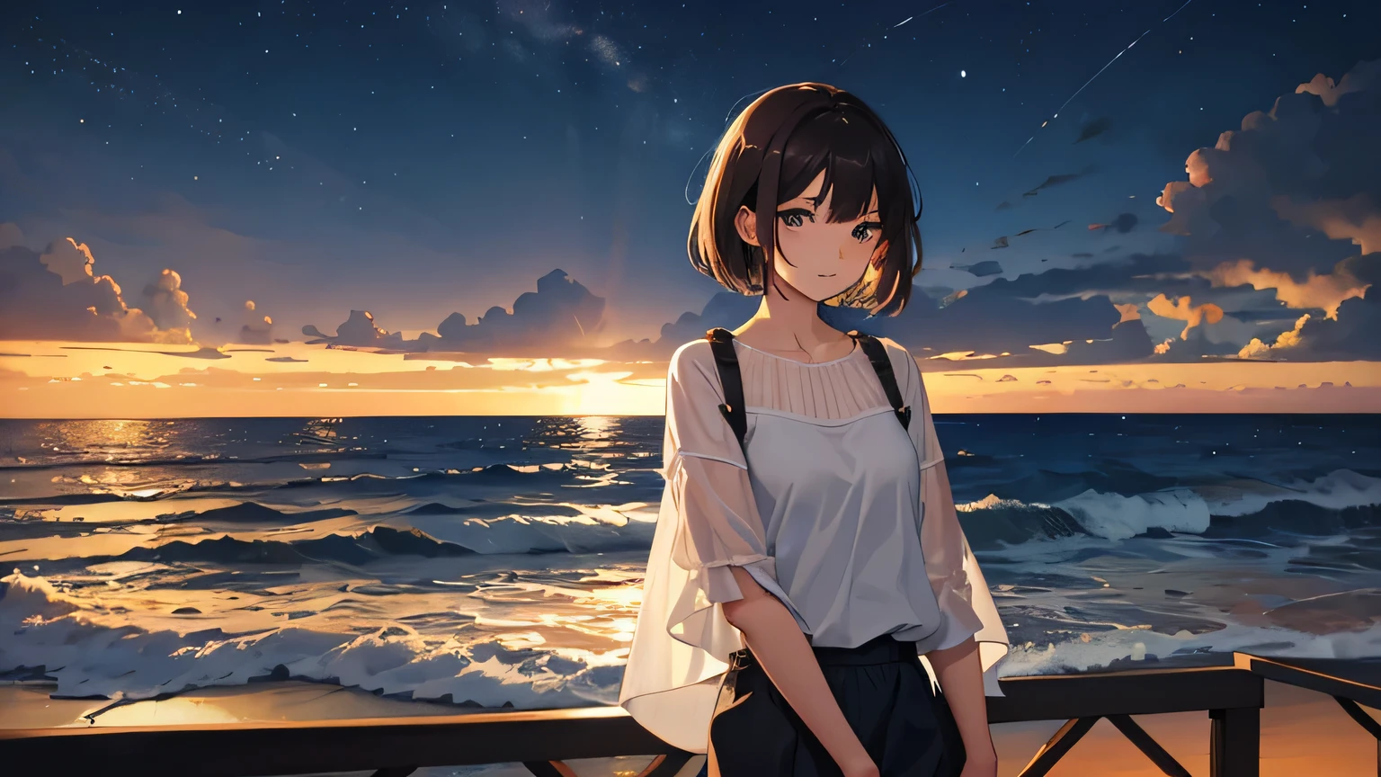 Woman looking at the sea,Brown short hair,night、medium