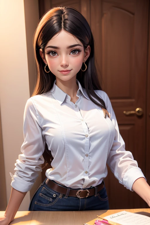 (((Draw only one woman: 2))), Beautiful woman wearing only baggy white long sleeve shirt, Sitting on a stylish bedroom bed, 20-year-old beauty, ((1screen)), in 8K, RAW shot, top quality photo, ​masterpiece, Nice realistic photos, ((Anatomically correct proportions: 1.5)), ((Perfect proportions)), ((beautiful woman like a Japanese actress) ), A detailed face, A detailed eye, Narrow Nose, Detailed fingers, detailed arms, Detailed skin, Detailed legs, short torso, Slender body, Thin thighs, Large breasts,  Shadow, Crotch wrinkles, Small beautiful ass, Shy smile, White dress shirt with collar and front buttons, Unbutton the top four buttons, Men's Shirts for Students, Highly revealing panties visible through the gap