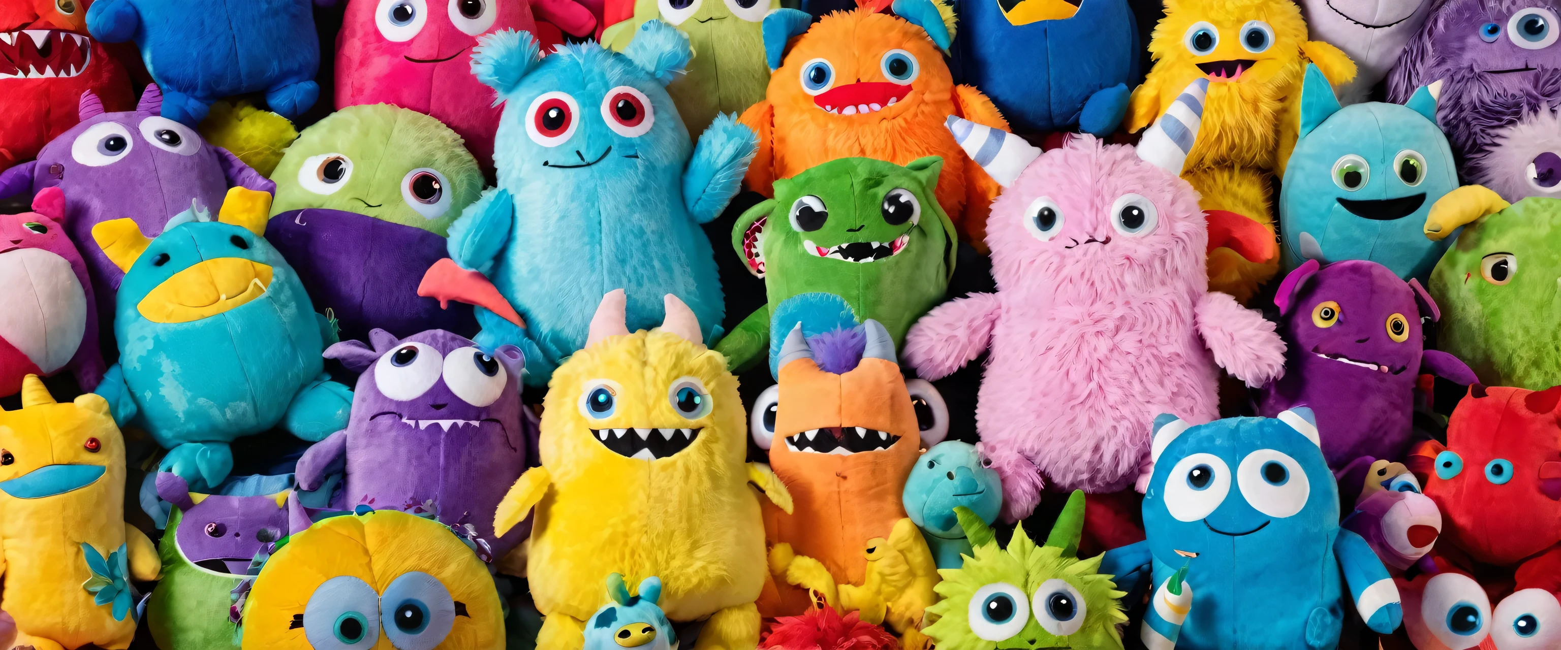 a group with lots of stuffed plush monsters in different colors and shapes