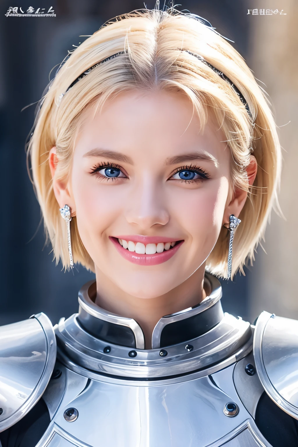 ８Ｋ、highest quality、female knight、Luxurious Silver Armor、、hairstyle short cut、smile、Beautiful Teeth、Full body photo、ear piercing、blonde、White woman、blue eyes、Heavy makeup、The background is inside the castle

