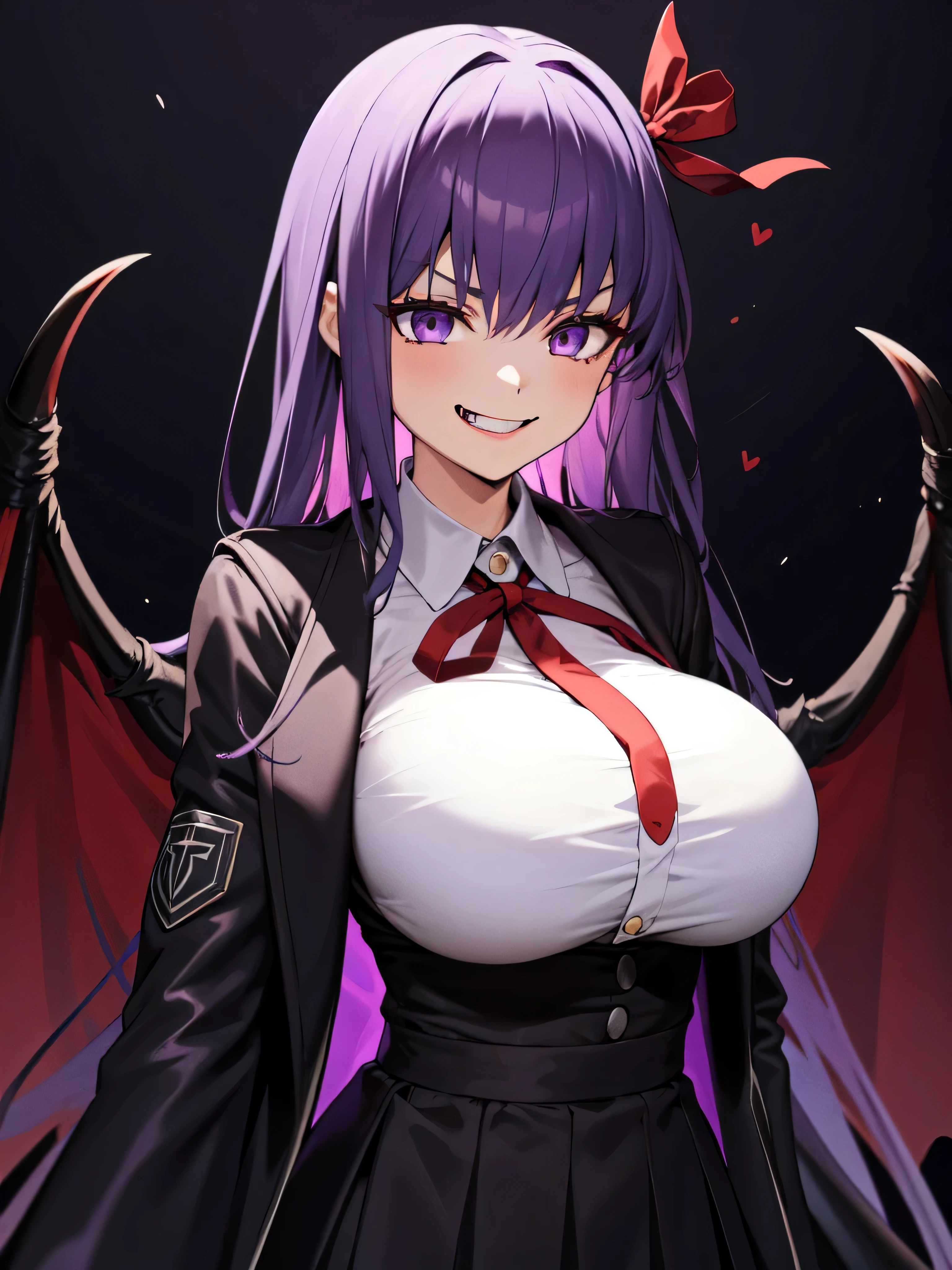  isometric, mid shot,  night, ,,, purple hair, black jacket, white shirt, black skirt, red ribbon, big breasts, purple eyes, white gloves, long hair, big collar,,(evil smile:1.3),black darkness,hell,upper body,