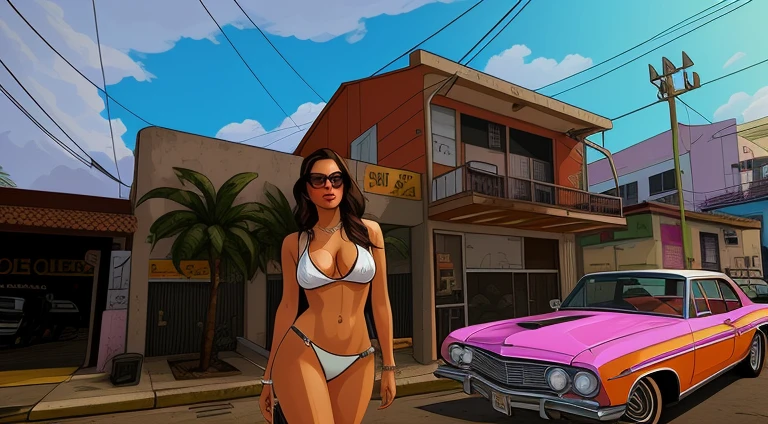 desenho de uma mulher nude de parada na frente de um carro rosa, arte estilo gta vice city, Estilo de arte do GTA Vice City, in style of digital illustration, parado na frente do lowrider, no estilo da pintura digital, arte digital. @mariomaniacdude, Estilo de arte GTA, stylized digital illustration, Miami. illustration, estilo de obras de arte de gta v