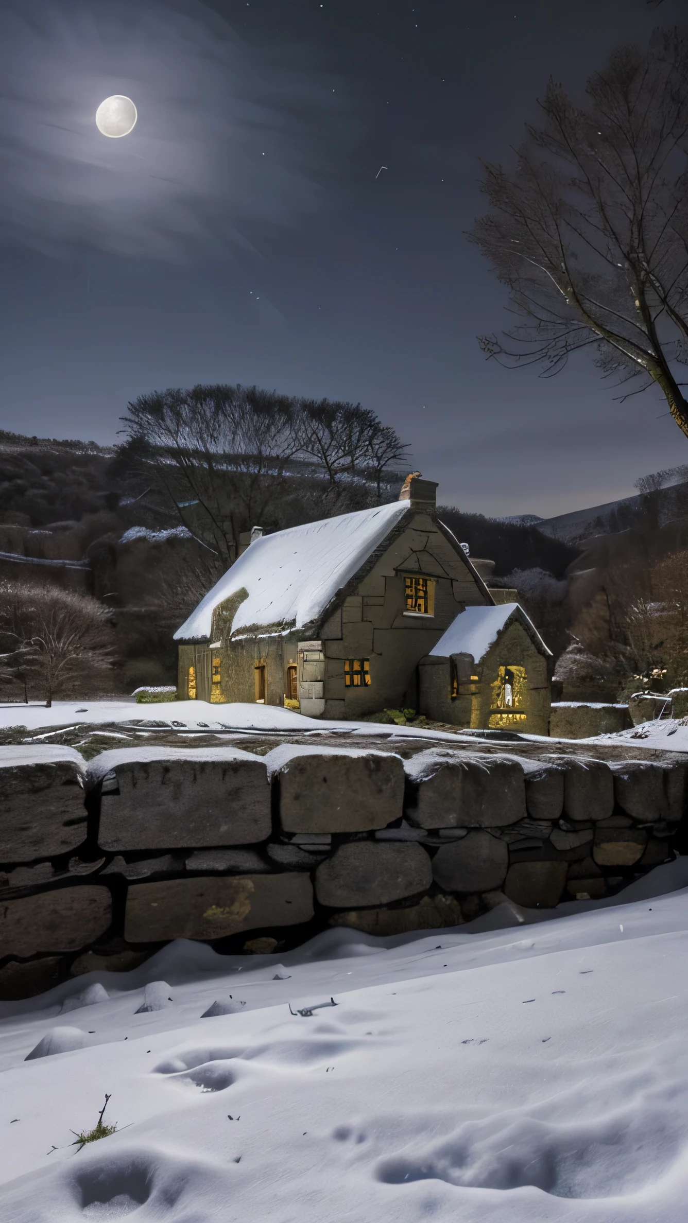 close up, andrew wythe style, old stone cottage on a hillside, very dark night with bright moonlight, snow on the ground, bare trees